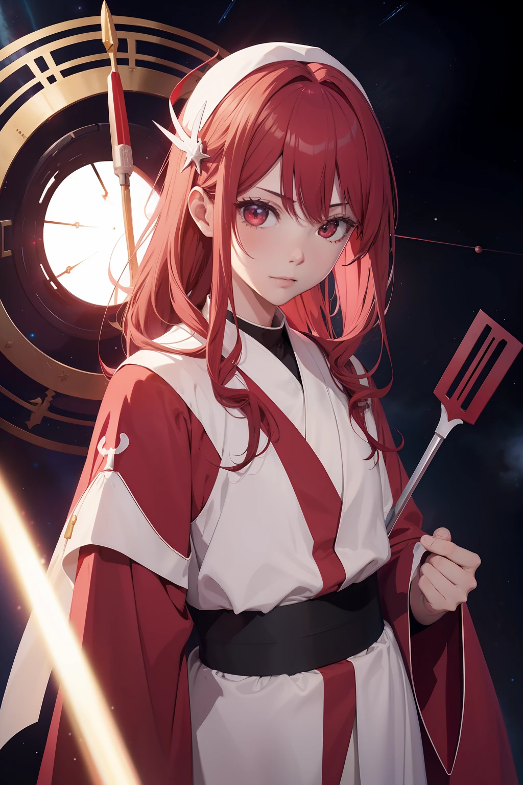 1 beautiful anime spatula priest, red and white priest robe, hight detailed, ray tracing, space background, perfect, ultra high detailed, highly detailed face, saint halo