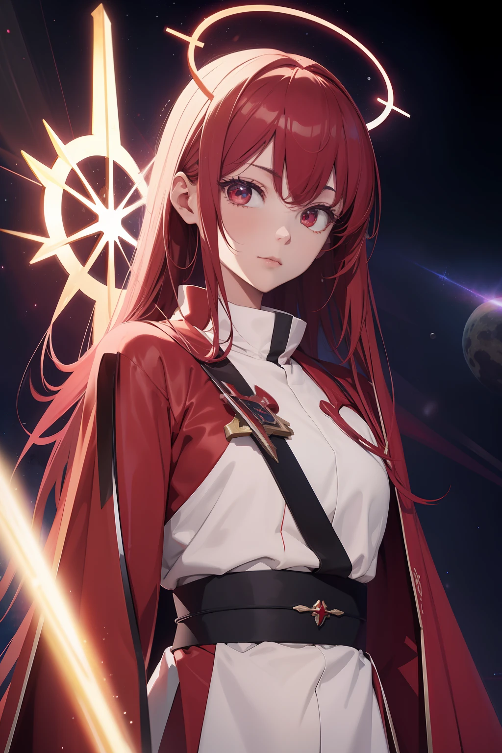 1 beautiful anime spatula priest, red and white priest robe, hight detailed, ray tracing, space background, perfect, ultra high detailed, highly detailed face, saint halo