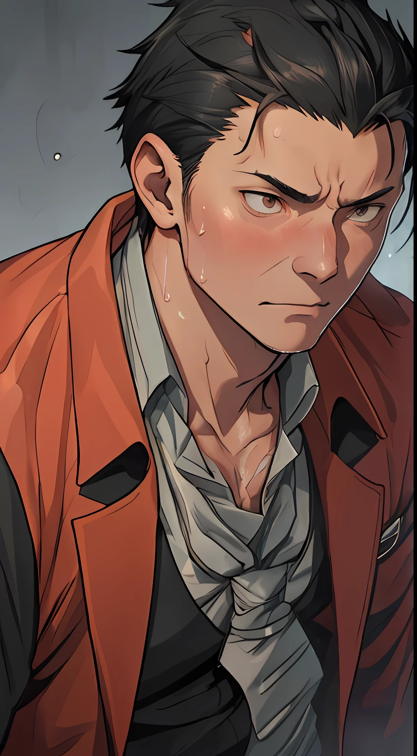 two-dimensional, anime style, masculine, masculine characteristics, muscles, correct proportions, face details, young men, tie shirt, sweating, sweaty face, neck details, with Adam's apple, wet, wet, uniform, clothes details, long sleeves, game quality, light tracing, ray tracing, detail glow, CG rendering, hair details, short black hair, golden eyes, facial details, face close-up, sweaty face, men, masculine, handsome, sweat beads slipping down the neck, tall and mighty, complex clothing, drenched, wet, perfect composition, Refinement, close-up, high quality, more details, face details, a lot of details, complex background, atmosphere,