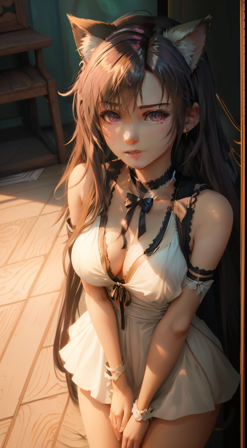 A girl with cat ears，The hair is pink-brown，Long hair with slightly curls，blue colored eyes，Wearing a cute and languid white dress，Bare collarbone，Cute cat collar around the neck，In the setting of a white room，The picture is clear and attractive