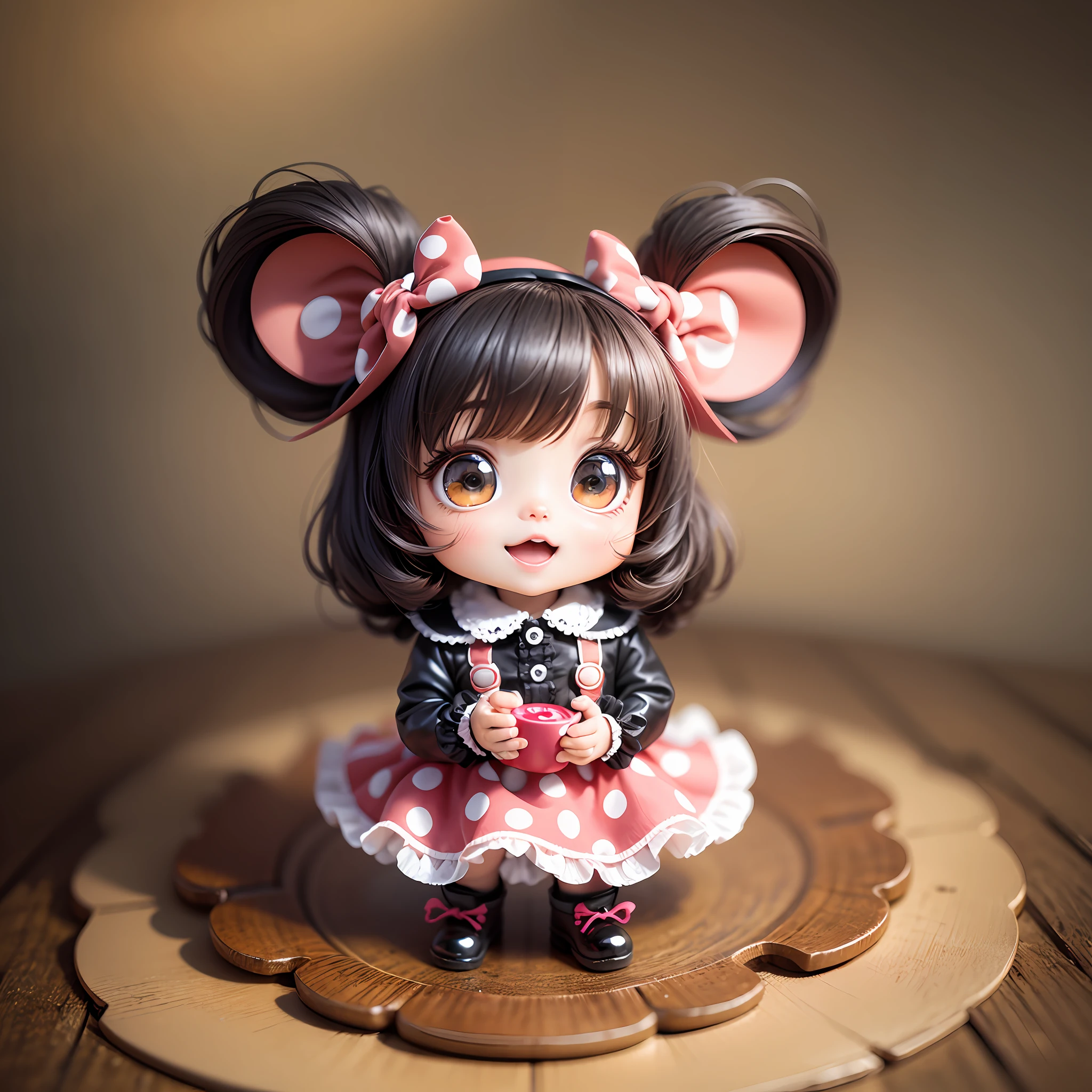 a baby chibi character with big shiny eyes is dressed in minnie clothes happy expression chibi style 3d --auto --s2