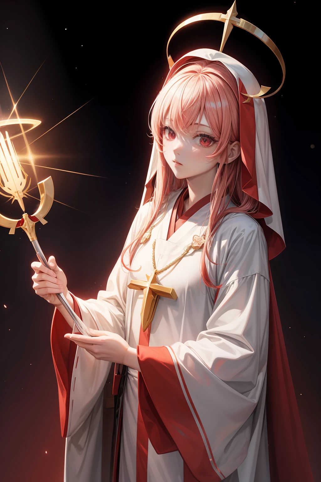 1 beautiful anime spatula priest, red and white priest robe, hight detailed, ray tracing, space background, perfect, ultra high detailed, highly detailed face, saint halo