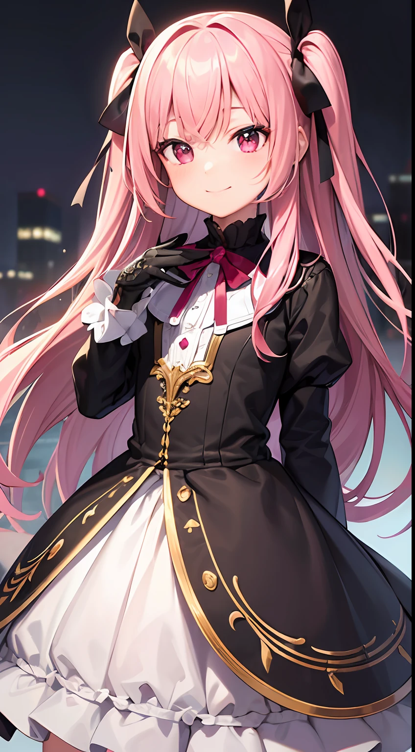 sharp focus, best quality, depth of field, cinematic light, detailed outfit, 8k, perfect eyes, rich in details and textures, detailed body, detailed eyes, cute, baby face, pink hair, long hair, disheveled hair, one side up, hair ribbon, loli, dark red eyes, smile, petite, random background