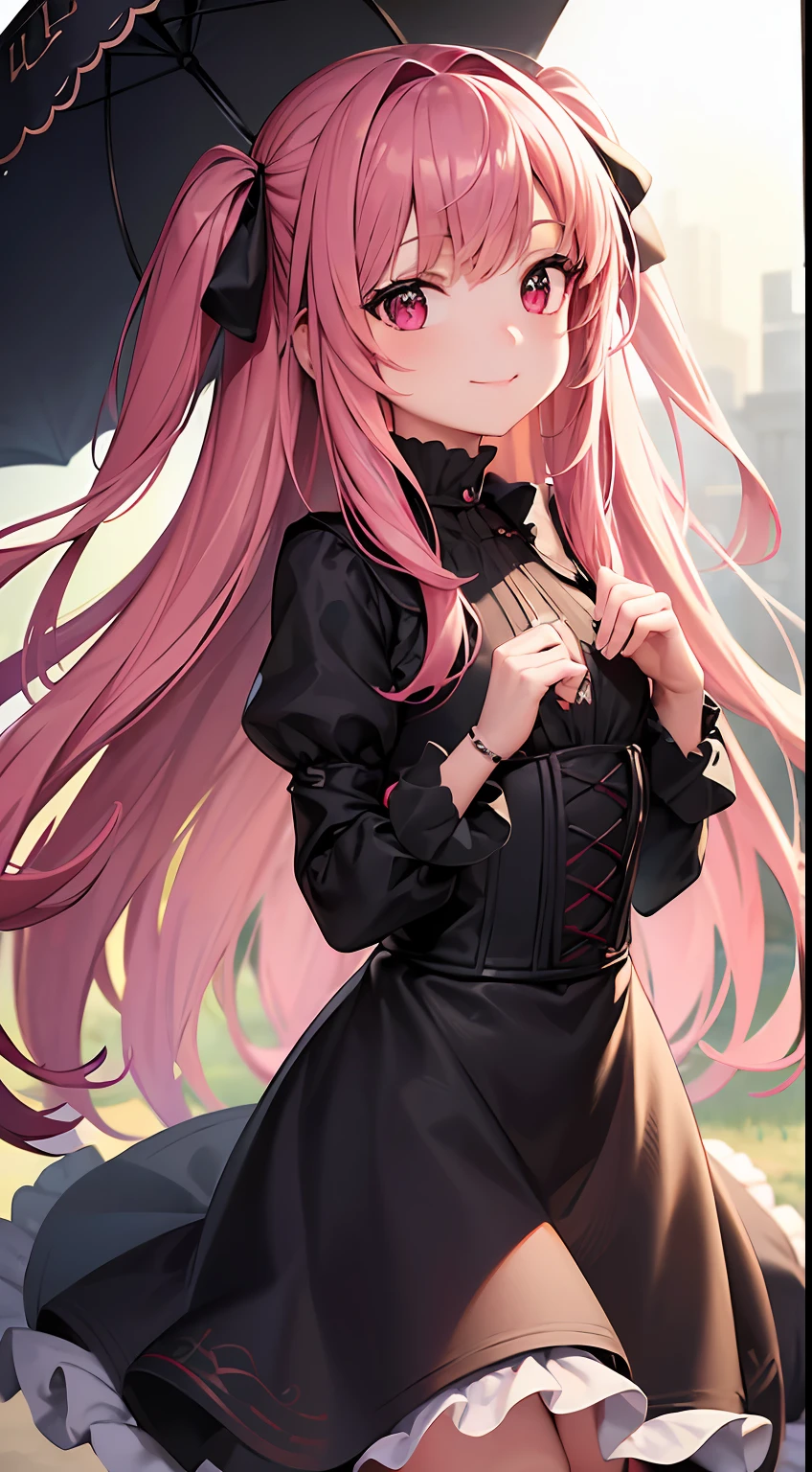 sharp focus, best quality, depth of field, cinematic light, detailed outfit, 8k, perfect eyes, rich in details and textures, detailed body, detailed eyes, cute, baby face, pink hair, long hair, disheveled hair, one side up, hair ribbon, loli, dark red eyes, smile, petite, random background