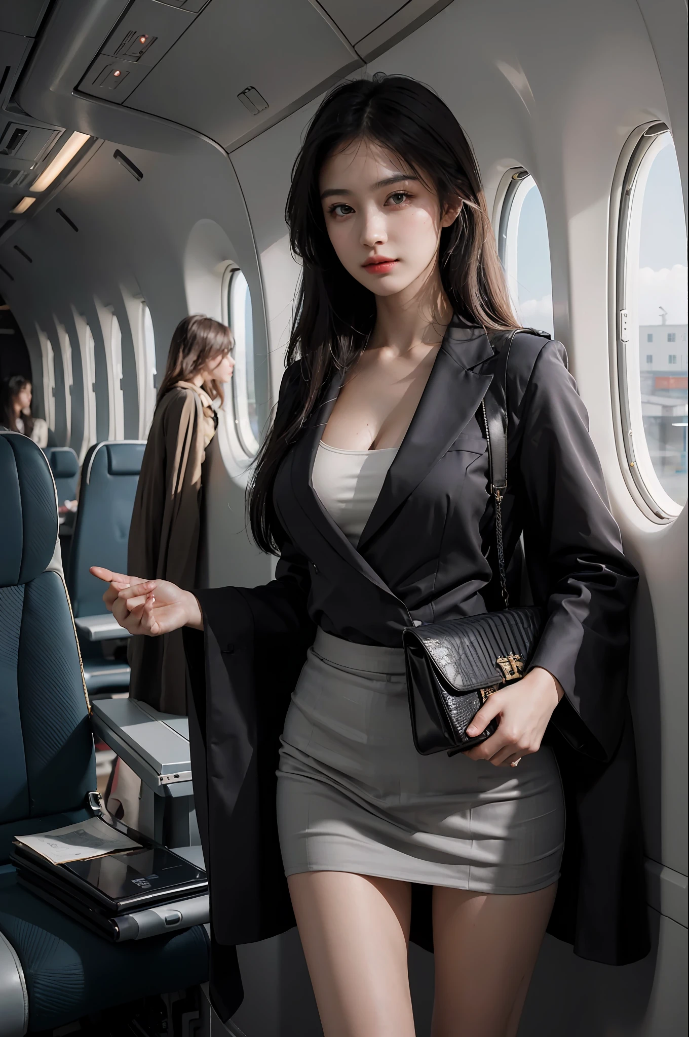 best quality, masterpiece, 8k, ultra high res, (photorealistic:1.4), highly detailed, intricate detail, delicate and beautiful, good lighting, professional lighting, sharp focus, detailed shadows, exquisite details and textures, depth of field, unity 8k wallpaper, cinematic composition, cinematic lighting, official art, Cabin Crew, flight attendant, black pantyhose, (aircraft, (Aircraft Corridor), Aircraft seats) beautiful elegant face, detailed face, detailed eyes, realistic hair, long hair, (1girl), (standing:1.3),