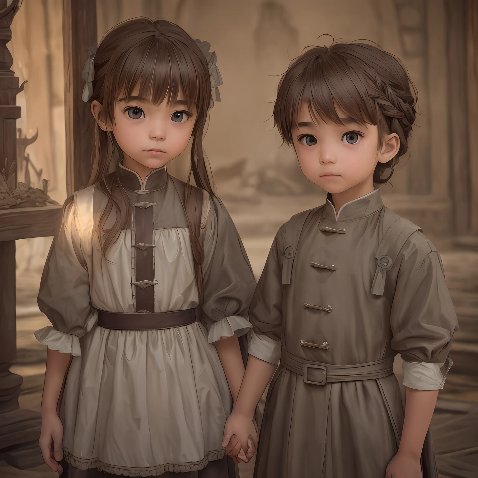 scenery, A huge ruined room with traces of battle, Duo of a girl and a boy, side-view, Hi-Def, ultradetail, European facial features, realeme fentezi, Pattern, portraite of a, side glance: childish, 3 years, dark brown long hair, dark eyes, Frowning, A fighting look into the distance, dressed in an old shabby gray cloak,Beautiful handkerchief, wrapped around her head, Hands raised up, Clarity: 8 months, scenery: side view Huge throne room with large windows, A 3--old l in an old raincoat stands near the throne, Ao fundo, Near the throne, A 3-year-oly hug girl by the shoulders, Rear side view: A 3-year-old boy ha giry the shoulders, Standing behind the throne of steam (((male)), fashion photography, (Full portrait), (half), 独奏, Detailed background, Detailed Face, (stonepunkAI, Stone theme:1.1), wise, (beautiful hair, braid: 0.2), shaman, The partition is harsh, mysterious, (Gorgeous face), Stunning, The head is tilted upwards, (calm expression on his face), Calm, Intimate Interaction. detailed clothes, realistic skin texture, Clear Focus, voluminous lighting, Good moments, Good shadows, sub-surface Scattering, Complex, Highly detailed, ((film)), dramatic, (Highest Quality, Award-winning, Masterpiece: 1.5), (Realism)
