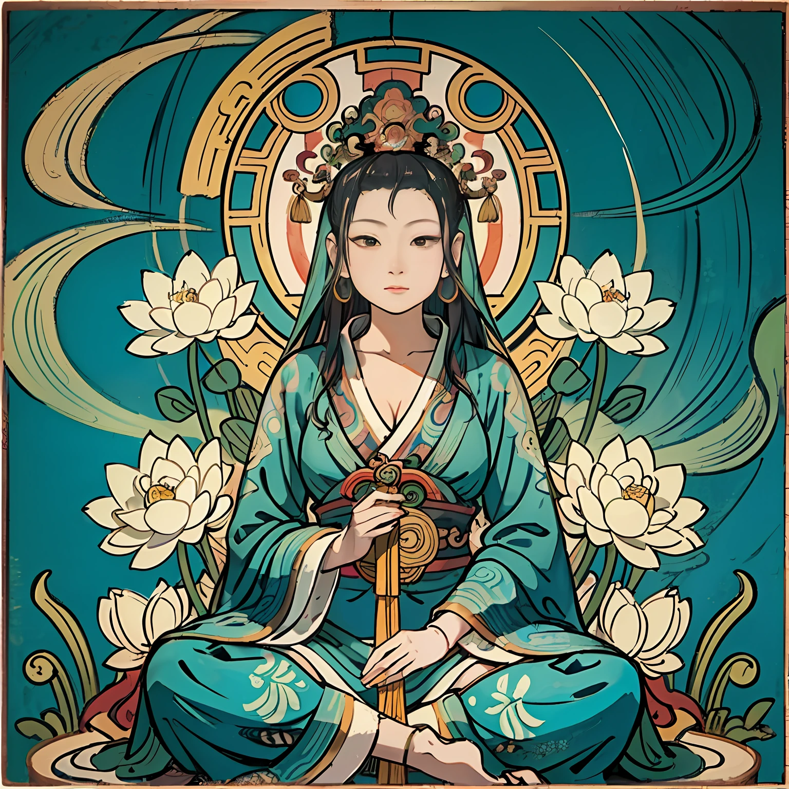 Woman sitting on a lotus,guanyin of the southern seas,Guanyin,contented female bodhisattva,jade sculpture,bodhisattva,queen of the sea mu yanling,serene,Serene expression,shui mo hua,Buddha,Buddhist,Lotus,Chinese painting style,Thangka style