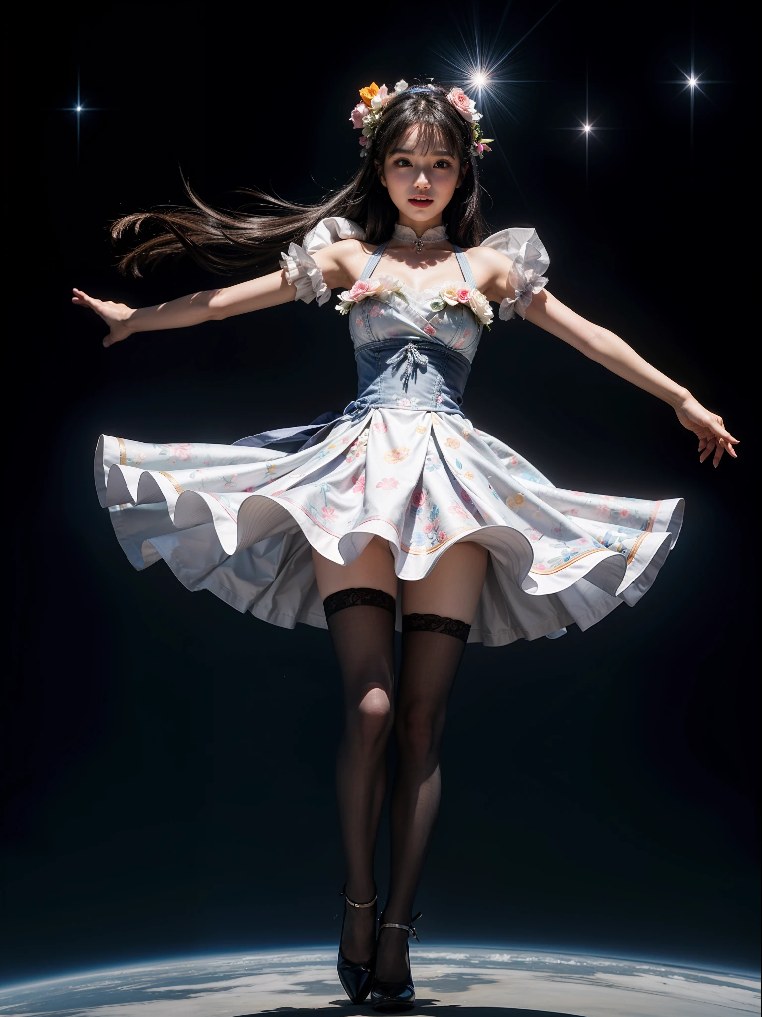 Splitting characters is prohibited,(Full body shot:1.3), Must show your face, anatomy correct, Dance in space,The breath of nature,Polished pointed-toe heels must be worn,Stocking tights are mandatory, Colorful floral Lolita dress, A shallow laugh, Complex and diverse backgrounds,Strangling effect,hyper HD, Ray traching, structurally correct, Award-Awarded, high detal, lightand shade contrast, Face lighting,cinmatic lighting, tmasterpiece, super detailing, high high quality, high detal, best qualityer, 16