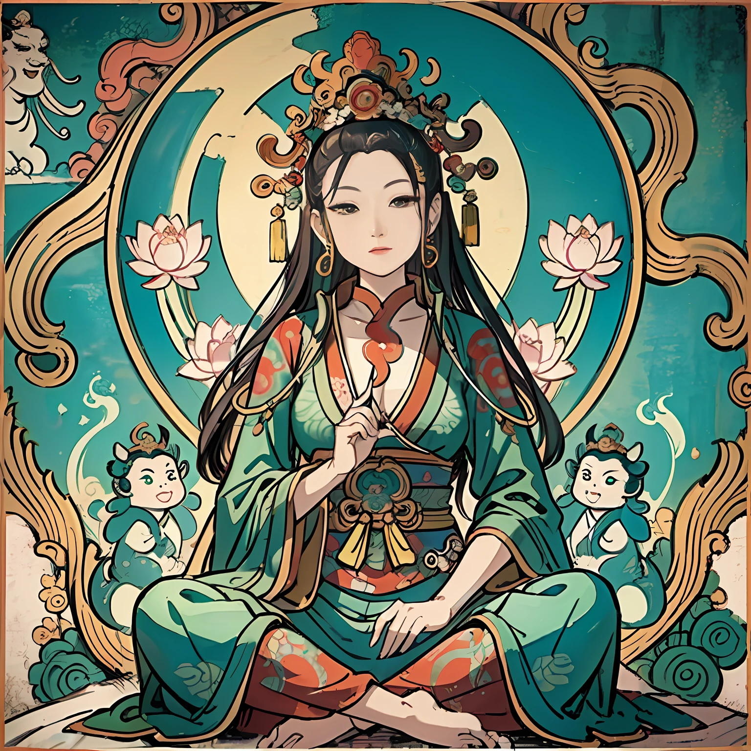 Woman sitting on a lotus,guanyin of the southern seas,Guanyin,contented female bodhisattva,jade sculpture,bodhisattva,queen of the sea mu yanling,serene,Serene expression,shui mo hua,Buddha,Buddhist,Lotus,Chinese painting style,Thangka style