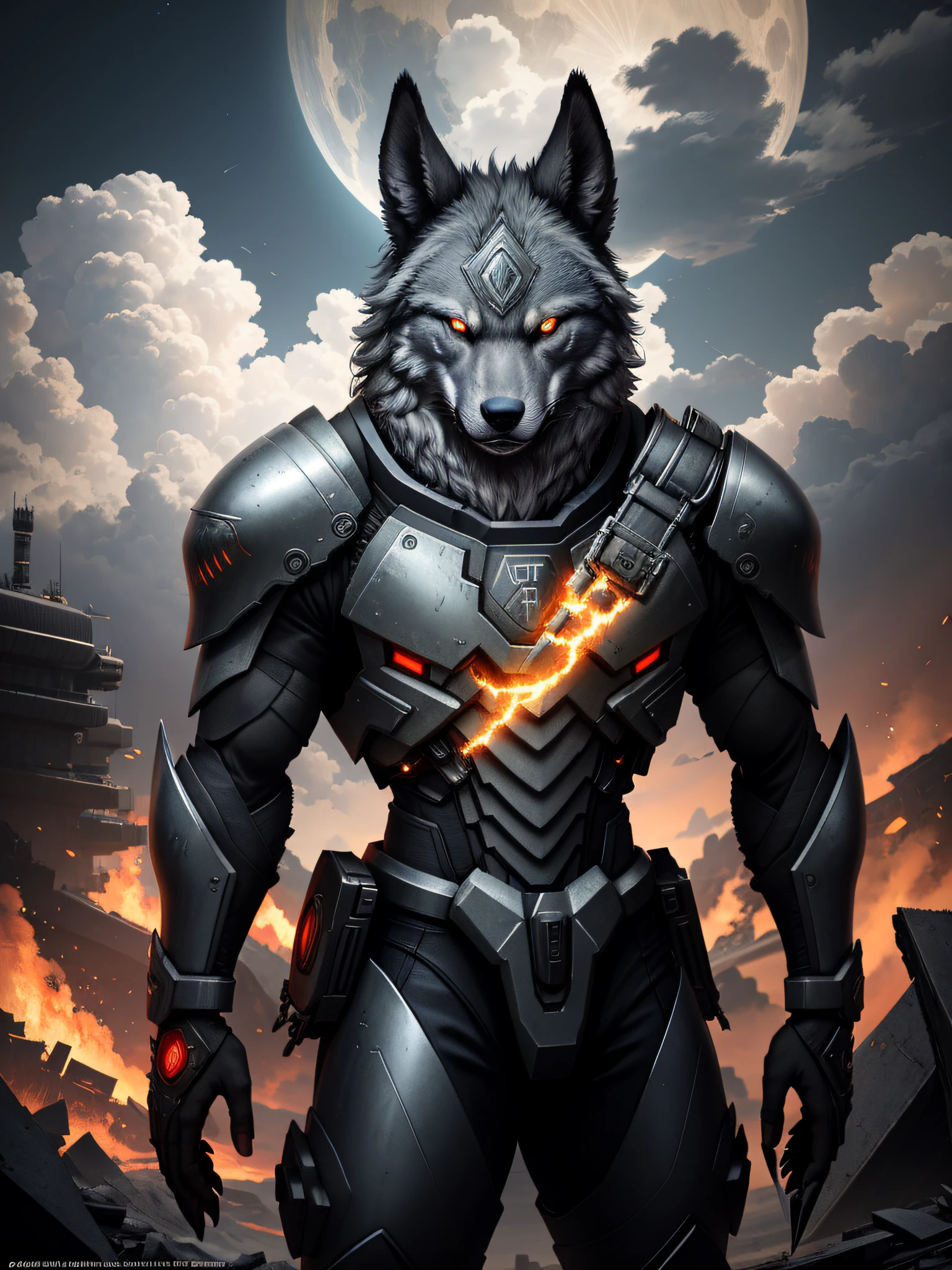 A cybernetic gray werewolf with power armor stands on the roof of the ruined building of the future world with Guan Yu's big knife in his hand, bloody red eyes, The gray werewolf held the Green Dragon Moon Knife in his hand, which was taller than his body, （Blue flames appeared on the knife）, The gray werewolf stood on the roof, A battlefield overlooking a sea of fire, There is a UFO in the sky in the distance, （space ship）, Ultra photo realsisim, concept-art, Intricate details, eerie, Highly detailed, rendering by octane, 8 k'', illusory engine. art by artgerm and greg rutkowski and alphonse mucha, Award-Awarded, A high resolution, Photorealistic, Best quality, 8K, Masterpiece, best quality, award winning, highres, 8k, masterpiece