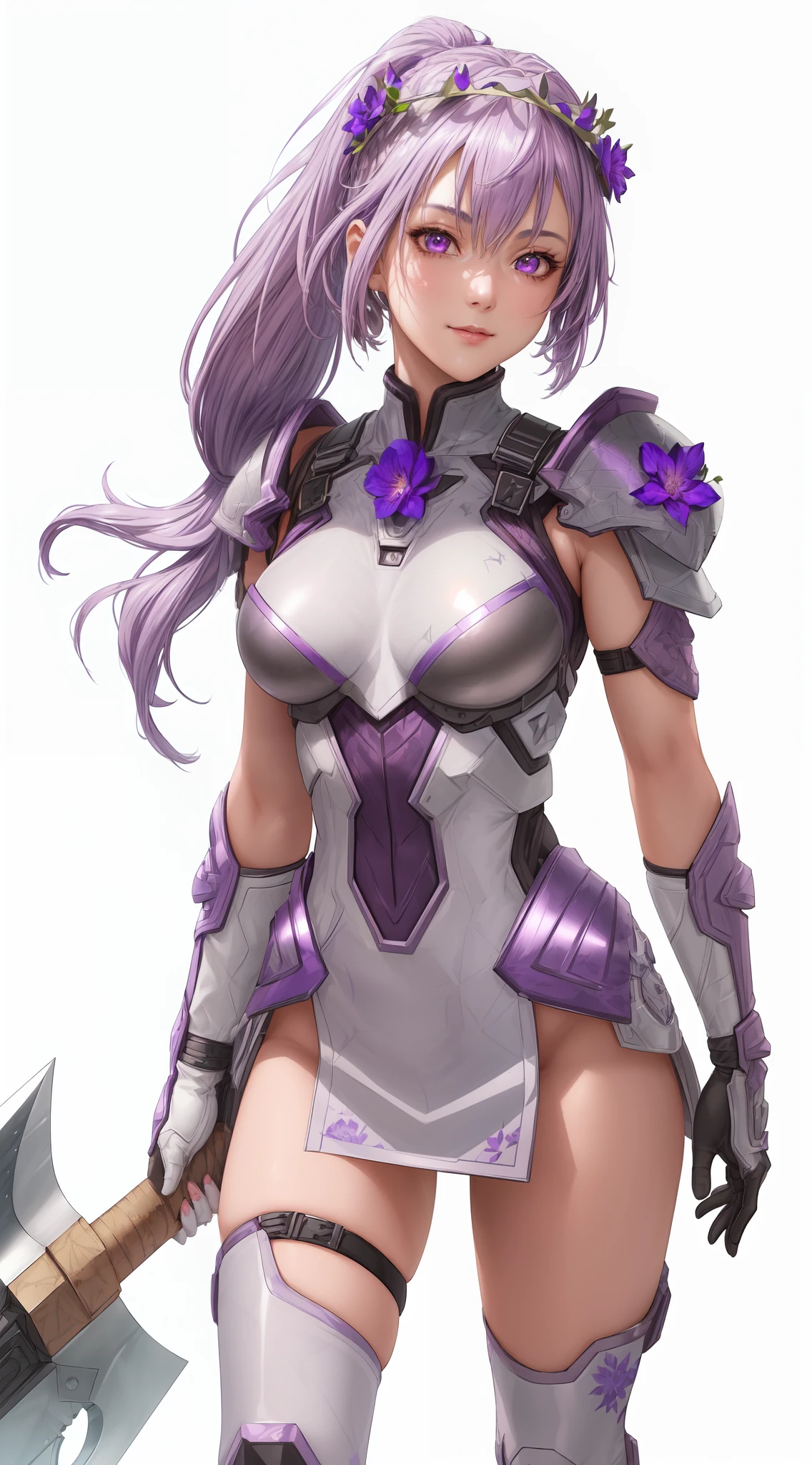 Complete art masterpiece, high quality, ultra detailed in 4k, 8k, high resolution, hyper-realistic photo, hyper-detailed, realistic skin texture, black background, extremely detailed texture, perfect lighting, high-level image quality." A female heroine, ((best quality)), ((highly detailed)), masterpiece, ((official art)), (detailed eyes, deep eyes, glowing eyes, purple eyes), (1girl:1.33, solo), gray brown leather armor , (happy look), (smile), (light purple hair, beautiful short hair, bob hair, side ponytail), (Fair skin, light purple hair, Japanese, outlined eyes, outlined face, gloves, Full body), wearing a brown one-piece leather armor, leather skirt, leather shoulder pads, growing axe, bright silver axe, leaning on a knee on the ground, (light purple anime hair style), anime style , 2.5D art, boots, (huge axe), (beautiful flower crown), oil on matte canvas, sharp details, the expanse scifi spacescape ceres colony, intricate, highly detailed, digital painting, rich color, smooth, sharp focus, illustration, Unreal Engine 5, 8K, art by art, germ and greg rutkowski, Wallpaper (hyper realistic, detailed), flawless face, ultra definition FULL HD 8K, perfect silhouette well defined medium breasts, killer butt, wearing cosplay costume, , (standing), (holding axe on one hand) , (absurd res, absolutely resolution, incredibly absurdres, highres, reflection, refraction:1.4, ultra detailed:1.0, official art, unity 8k wallpaper:1.3), (beautiful face, beautiful eyes, shiny skin, oily skin:1.3), (collage art, (mixed media):1.2, layered textures, diverse materials, unexpected combinations, creative exploration, vibrant composition:1.1), (face focus, extreme close-up face:1.3), (weapon, purple eyes, solo, long purple side ponytail hair, axe, holding, holding weapon, gauntlets, holding axe, looking at viewer, shoulder armor, stand, (axe), (dark purple floral crown), (dark purple flower crown), light gray hair, long light purple ponytail on shoulder, (white background)