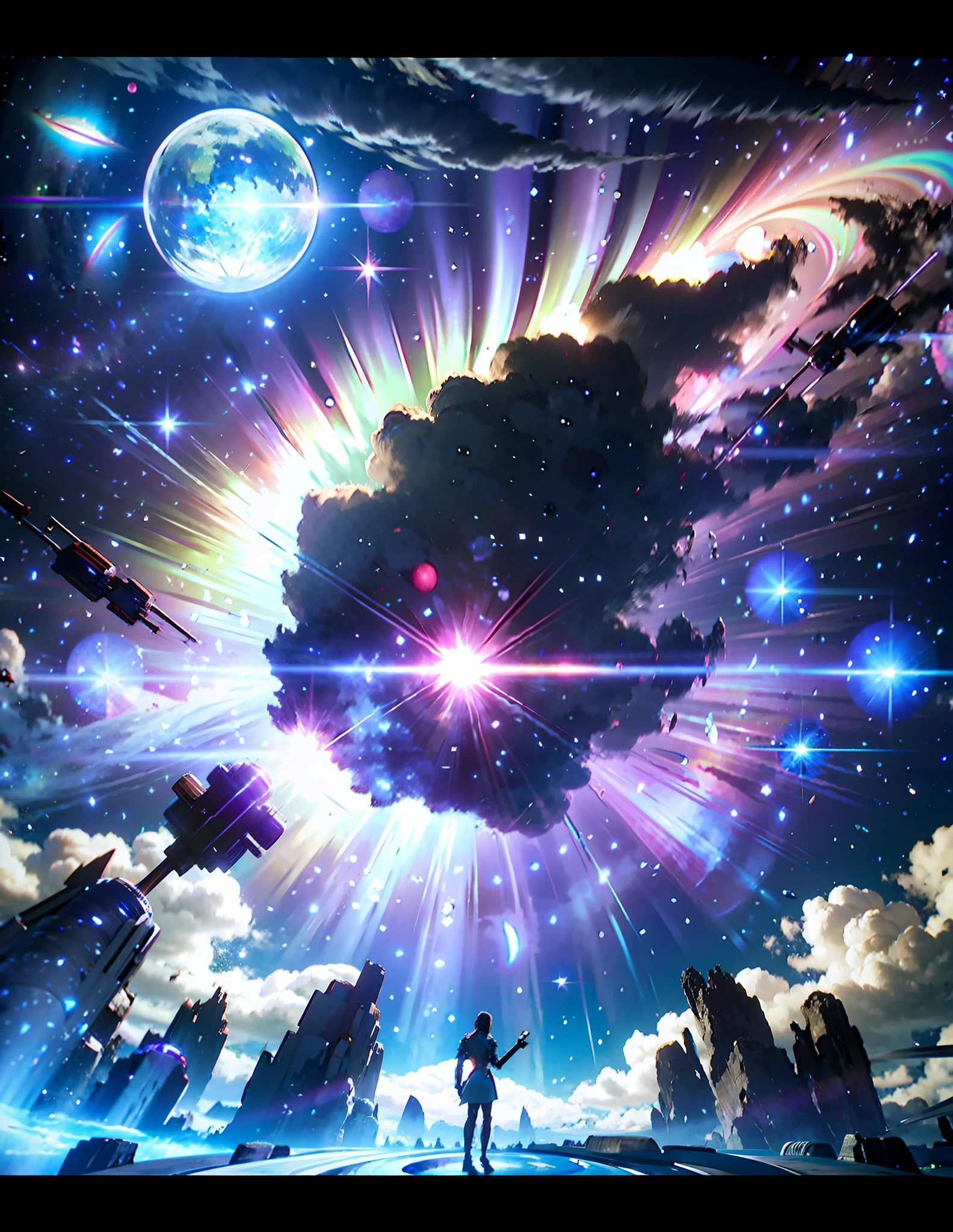 wide-angle lens view, spaceship, Star Trek style, intricate technological details, pink planet with clouds left in the background, outer space in the background, asteroid floating in space right in the background, starry sky, wide view, sharp focus, dramatic lighting, by Gene Roddenberry, sci-fi style, nasa, award-winning, best quality, ultrahd 8k 4k wallpaper, concept art, Trend at Artstation