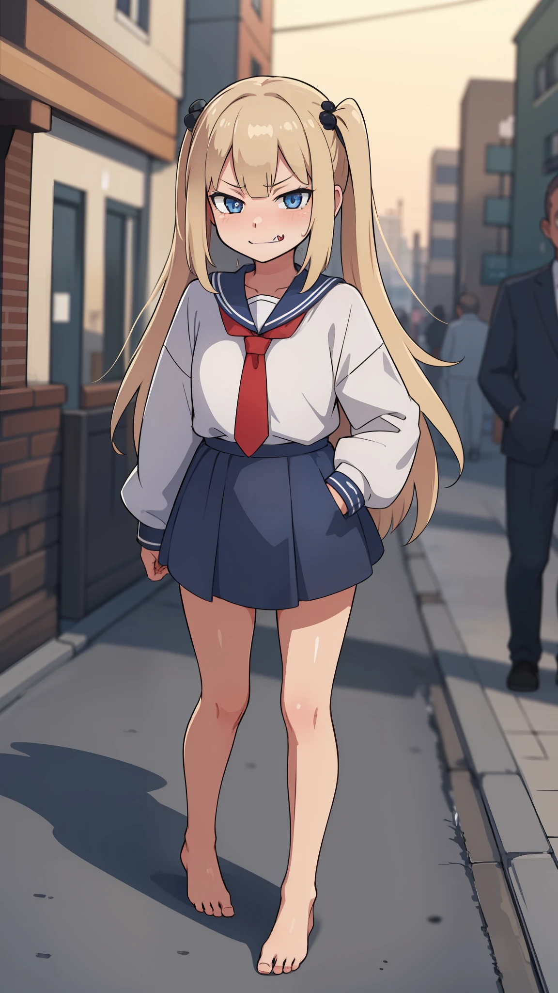 hiquality, tmasterpiece (One girl **** Hidal) blonde hair with two long ponytails and a rizinka on the ponytails, blue eyes, A sly smile with a fang, . panty, bare feet. Against the backdrop of the street mourning of the city in the park