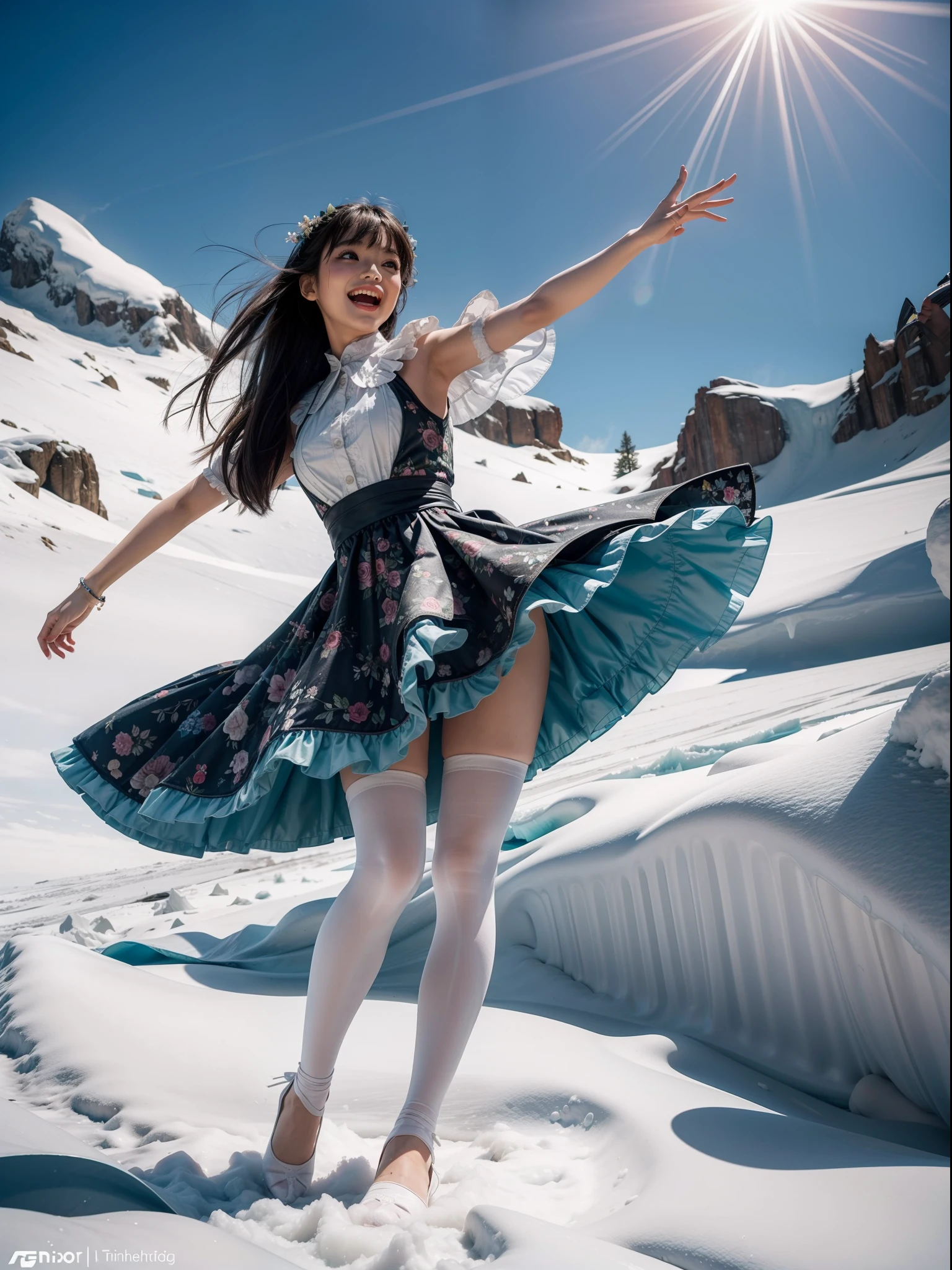 Splitting characters is prohibited,(Full body shot:1.3), Must show your face, anatomy correct, Dance on the glacier,The breath of nature,Polished pointed-toe heels must be worn,Stocking tights are mandatory, Keep your feet off the ground,Colorful floral Lolita dress, A shallow laugh, Complex and diverse backgrounds,Strangling effect,hyper HD, Ray traching, structurally correct, Award-Awarded, high detal, lightand shade contrast, Face lighting,cinmatic lighting, tmasterpiece, super detailing, high high quality, high detal, best qualityer, 16