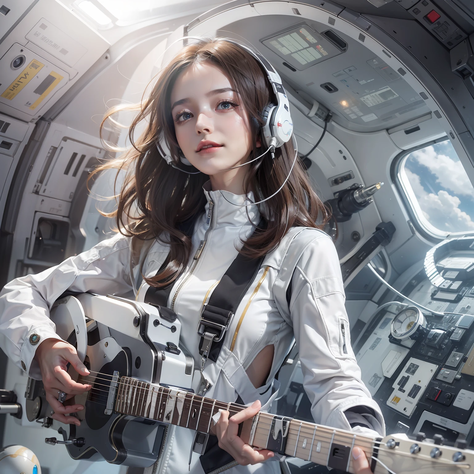 Enchanted woman happy to raise her hand Perfect beauty Beautiful white skin Beautiful eyes Lustrous lips lovely smile Wearing a thin spacesuit that sticks to the body holding an electric guitar Functional head phone Outside the spacecraft Standing on the hull of a spaceship
