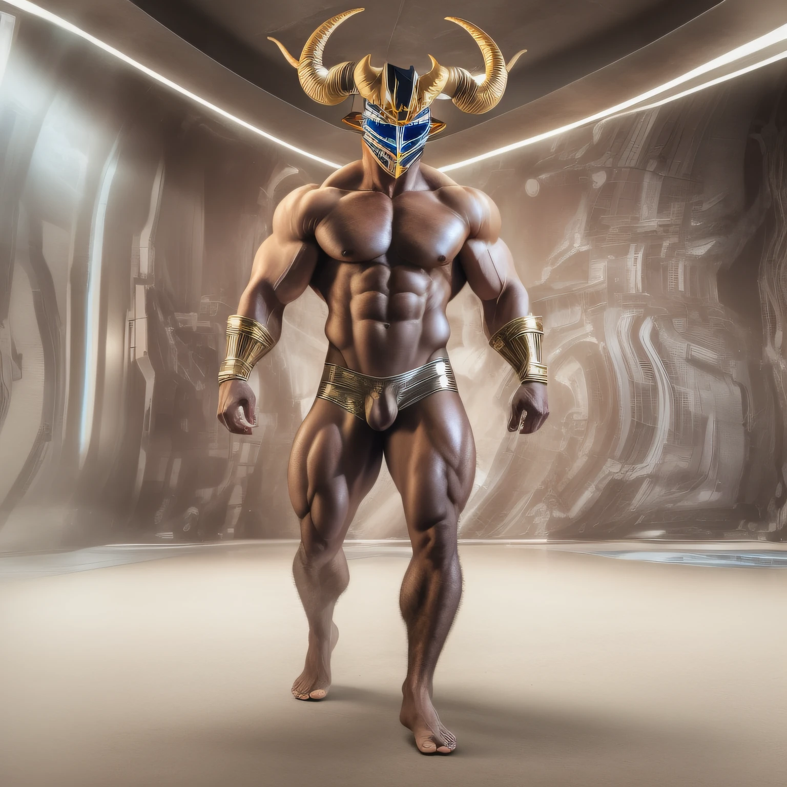 realistic beautiful handsome muscular naked bodybuilder man with a horned metallic mask over his lower face, hairy chest, full-body image, action pose, low angle view, futuristic interior background
