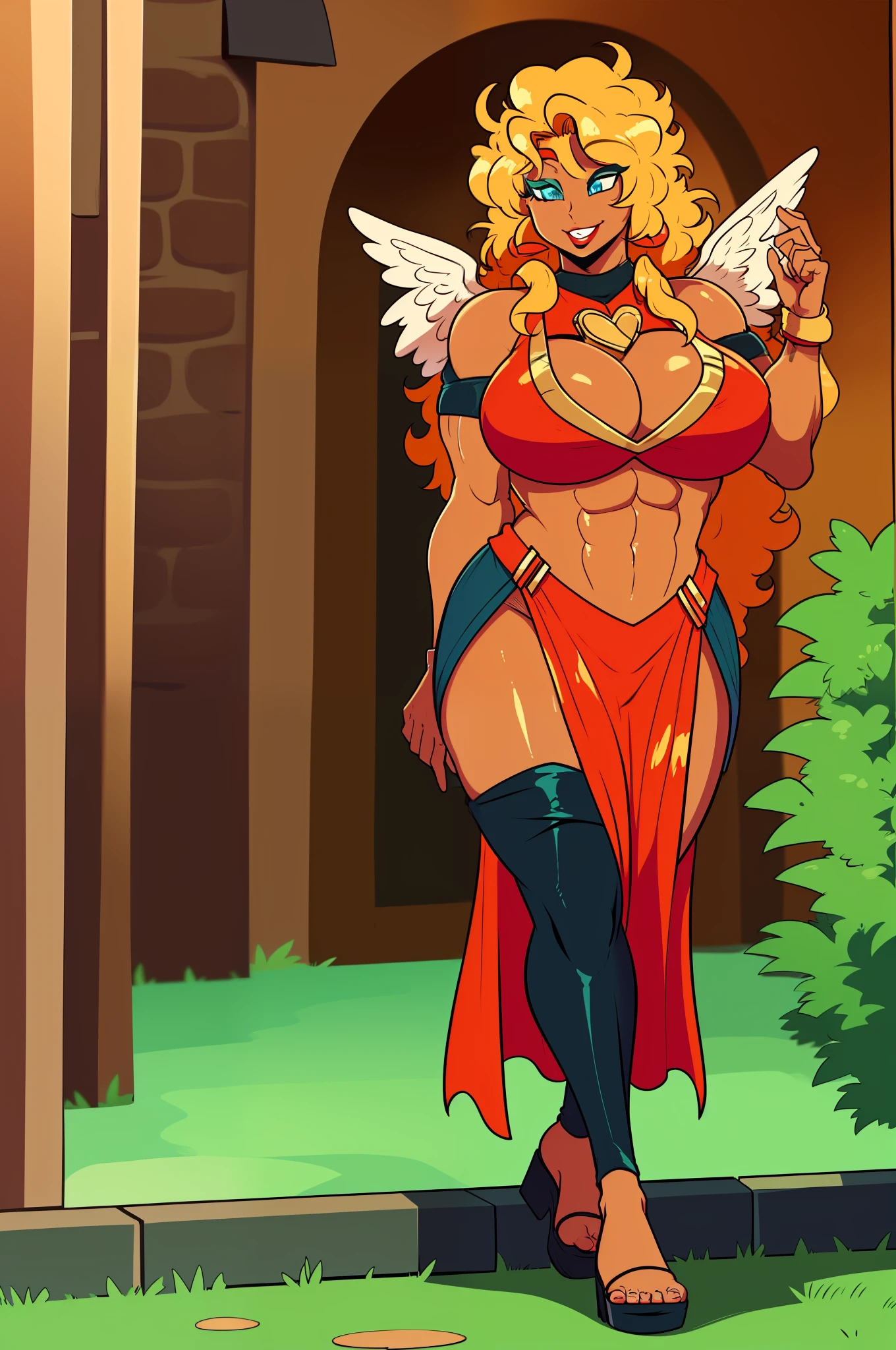 blond hair, sexy hair, muscle girl huge breast, revealing cloths, darkskinned-female, makeup, red lips, bimbo, angel, cupidon, long dress, walking, angel wings, pants, , flip flops, smile, medieval village