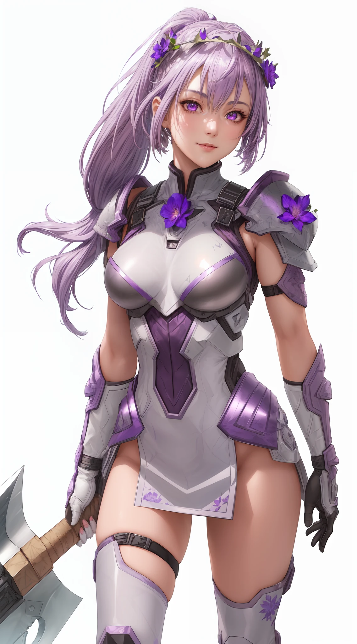 Complete art masterpiece, high quality, ultra detailed in 4k, 8k, high resolution, hyper-realistic photo, hyper-detailed, realistic skin texture, black background, extremely detailed texture, perfect lighting, high-level image quality." A female heroine, ((best quality)), ((highly detailed)), masterpiece, ((official art)), (detailed eyes, deep eyes, glowing eyes, purple eyes), (1girl:1.33, solo), gray brown leather armor , (happy look), (smile), (light purple hair, beautiful short hair, bob hair, side ponytail), (Fair skin, light purple hair, Japanese, outlined eyes, outlined face, gloves, Full body), wearing a brown one-piece leather armor, leather skirt, leather shoulder pads, growing axe, bright silver axe, leaning on a knee on the ground, (light purple anime hair style), anime style , 2.5D art, boots, (huge axe), (beautiful flower crown), oil on matte canvas, sharp details, the expanse scifi spacescape ceres colony, intricate, highly detailed, digital painting, rich color, smooth, sharp focus, illustration, Unreal Engine 5, 8K, art by art, germ and greg rutkowski, Wallpaper (hyper realistic, detailed), flawless face, ultra definition FULL HD 8K, perfect silhouette well defined medium breasts, killer butt, wearing cosplay costume, , (standing), (holding axe on one hand) , (absurd res, absolutely resolution, incredibly absurdres, highres, reflection, refraction:1.4, ultra detailed:1.0, official art, unity 8k wallpaper:1.3), (beautiful face, beautiful eyes, shiny skin, oily skin:1.3), (collage art, (mixed media):1.2, layered textures, diverse materials, unexpected combinations, creative exploration, vibrant composition:1.1), (face focus, extreme close-up face:1.3), (weapon, purple eyes, solo, long purple side ponytail hair, axe, holding, holding weapon, gauntlets, holding axe, looking at viewer, shoulder armor, stand, (axe), (dark purple floral crown), (dark purple flower crown), light gray hair, long light purple ponytail on shoulder, (white background)