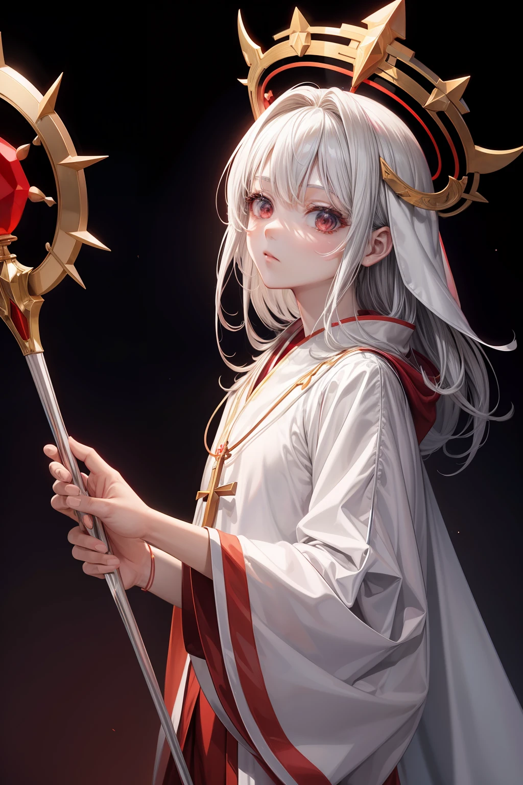 1 beautiful anime priest, red and white priest robe, hight detailed, ray tracing, space background, perfect, ultra high detailed, highly detailed face, saint halo, spatula scepter