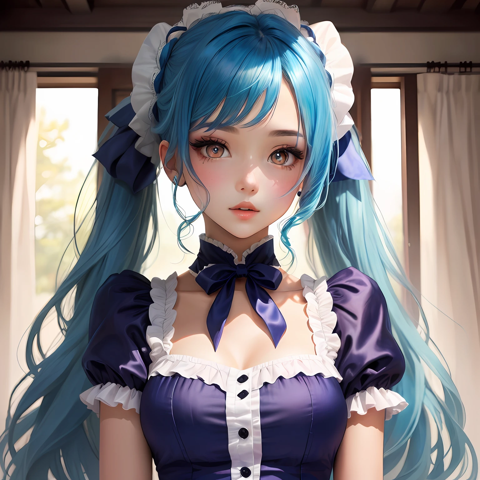 Girl, blue hair, double ponytail, red pupils, Lolita, white silk