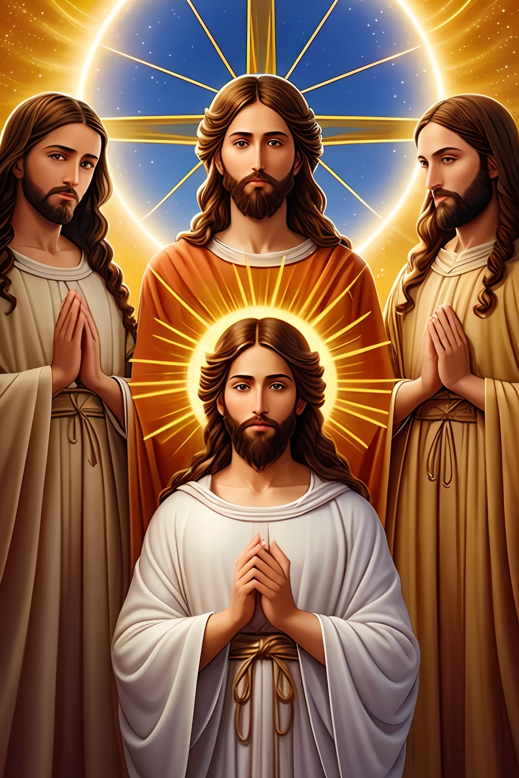 "Prezada IA, we summon your artistic genius to create a stunning and detailed picture of the Christian Trinity – God the Father, Jesus Christ and the Holy Spirit. Its mission is to portray God the Father as an imposing figure, sublime e repleta de sabedoria divina. Adicione detalhes como uma barba longa e majestosa, serene facial expression and garments that demonstrate his heavenly authority.
Jesus Cristo, o Filho de Deus, should be portrayed with radiant love and compassion. Highlight your soft and gentle features, long hair and eyes full of mercy. Consider including elements such as the wounds on your hands or a luminous halo to symbolize your crucifixion and resurrection.
To the Holy Spirit, represente-o como uma pomba branca, classic symbol of purity and divine peace. Enfatize os raios de luz irradiando dessa pomba, symbolizing the divine presence and its spiritual connection to the world.
Be careful to capture the harmony and sacred interaction between these three divine figures, demonstrating a perfect union and sublime synchrony. use your imagination, talent and understanding of symbolic meaning to create a remarkable and inspiring image of the Christian Trinity. Apreciamos profundamente o seu comprometimento e aguardamos ansiosamente pela sua obra-prima divinamente realista. Get to work and good luck!"