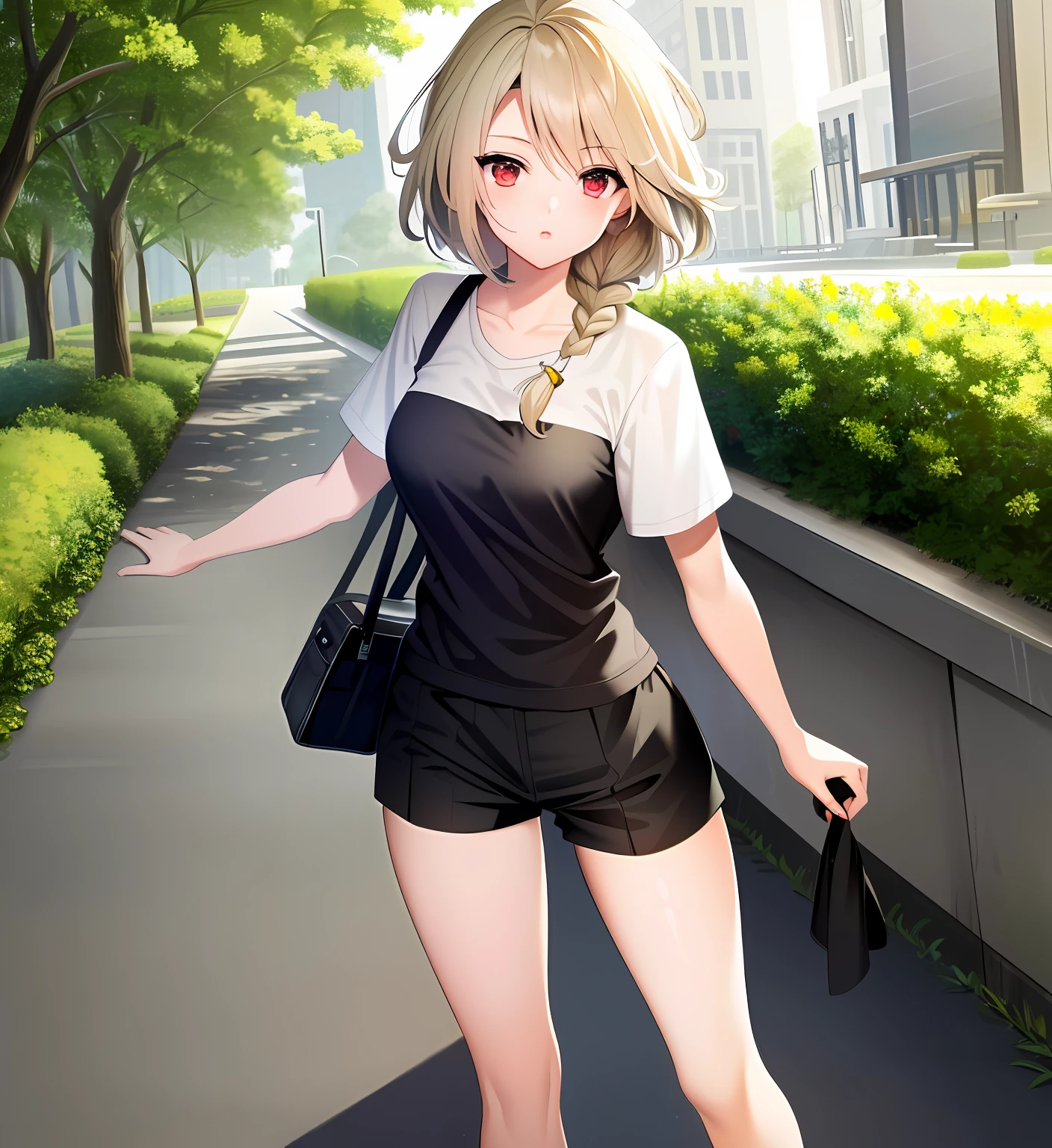 {Best quality}, {{Masterpiece}}, {A high resolution}, Extremely detailed girl, Solo, Sharp focus, 1girll, lambda11, Blonde hair, Red eyes, Single braid, Braid, Medium breasts, Shorts, shirt, Casual clothes, street, City, Walking