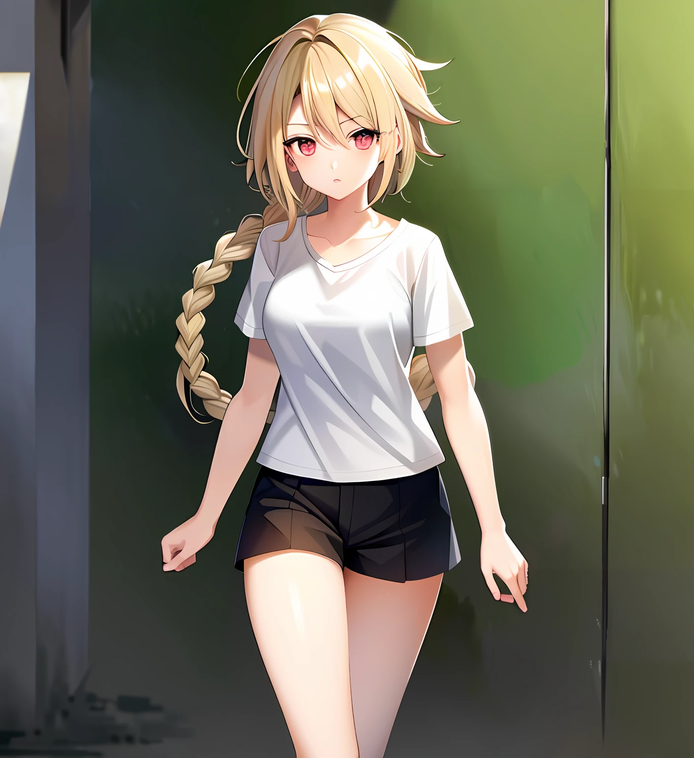 {Best quality}, {{Masterpiece}}, {A high resolution}, Extremely detailed girl, Solo, Sharp focus, 1girll, lambda11, Blonde hair, Red eyes, Single braid, Braid, Medium breasts, Shorts, shirt, Casual clothes, street, City, Walking