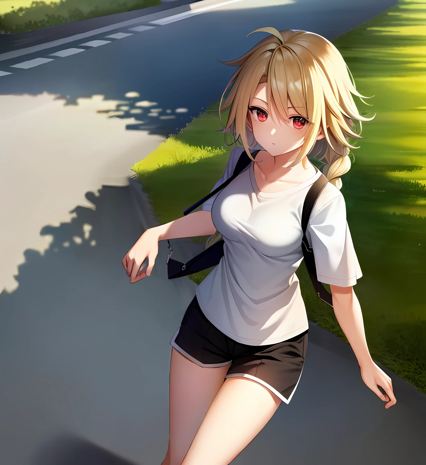 {Best quality}, {{Masterpiece}}, {A high resolution}, Extremely detailed girl, Solo, Sharp focus, 1girll, lambda11, Blonde hair, Red eyes, Single braid, Braid, Medium breasts, Shorts, shirt, Casual clothes, street, City, Walking