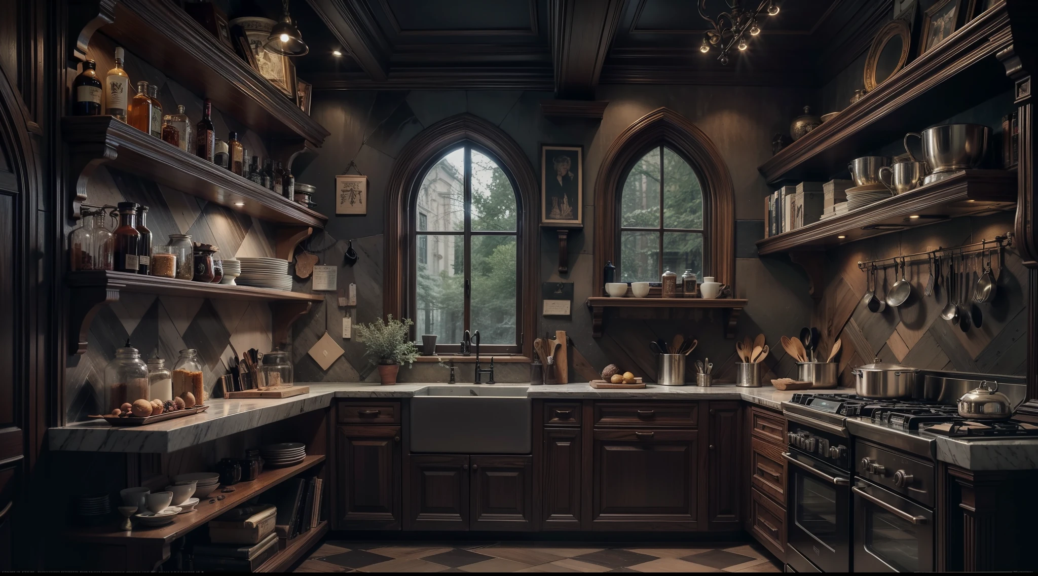 Western-style kitchen deep in a dark and mysterious forest、shelves、spices, etc.、Old luxury interior、Magical、, interior architecture, Gothic art, Verism, One-person viewpoint, From the outside, canon, Super Detail, High quality, hight resolution, 8K, Best Quality
