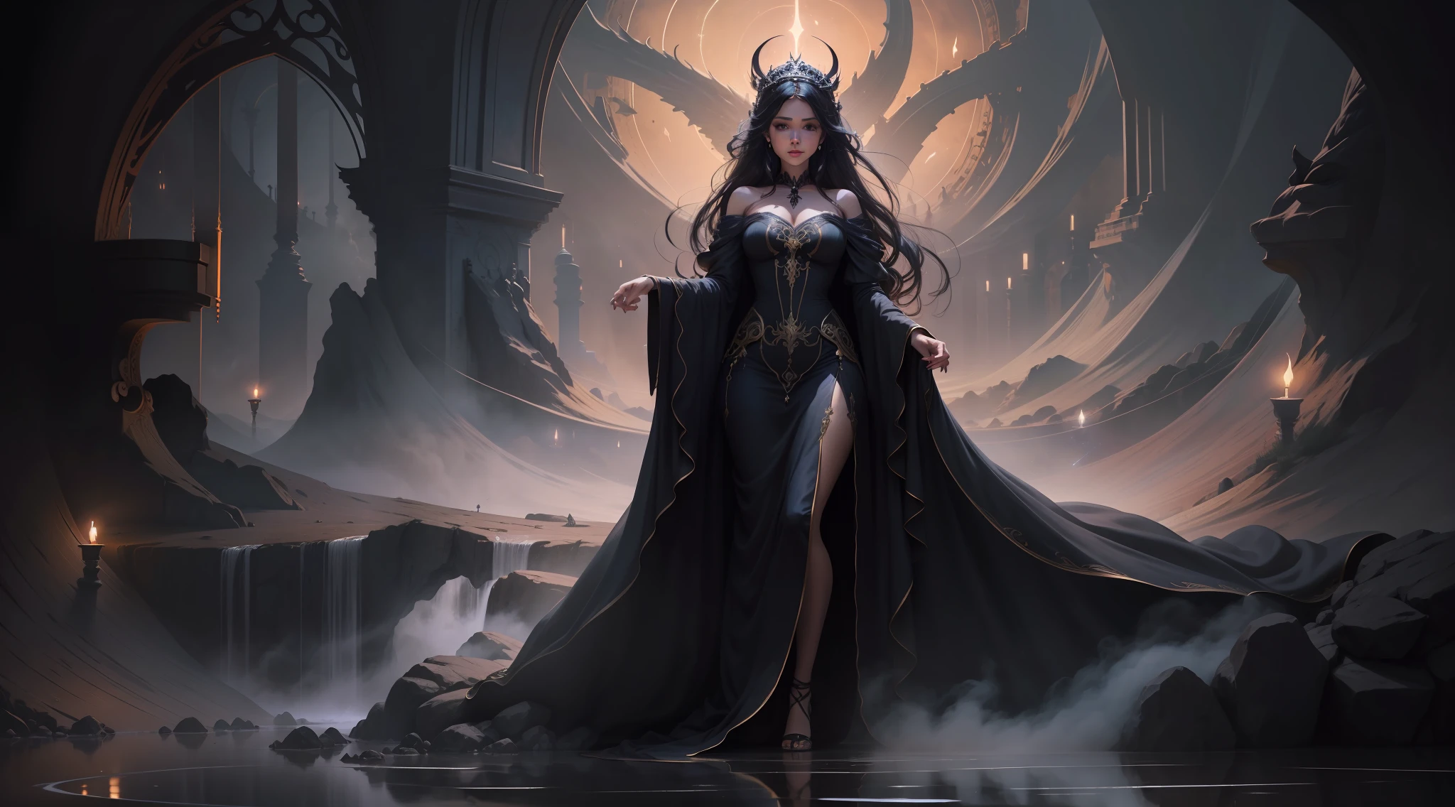 Em uma pintura assombrosamente bonita, A breathtaking goddess of the underworld is in the middle of a dark and mysterious setting. Seu longo, Flowing black hair falls down his back, adding an ethereal allure to his presence. Enquanto seus olhos vermelhos penetrantes olham para o abismo, eles parecem guardar tanto os segredos do universo quanto os desejos mais obscuros da alma humana. The scene is shrouded in a sinister environment, with threads of mist snaking around the goddess's feet. Shadows dance and play, Creating a charming game of light and dark. The air is heavy with a supernatural energy, as if time itself had stopped. Adornada com um traje real condizente com seu status divino, A Deusa cativa o olhar do espectador. A cada pincelada do artista, Her long flowing robes acquire a velvety texture, enrolada graciosamente em torno de sua forma celestial.