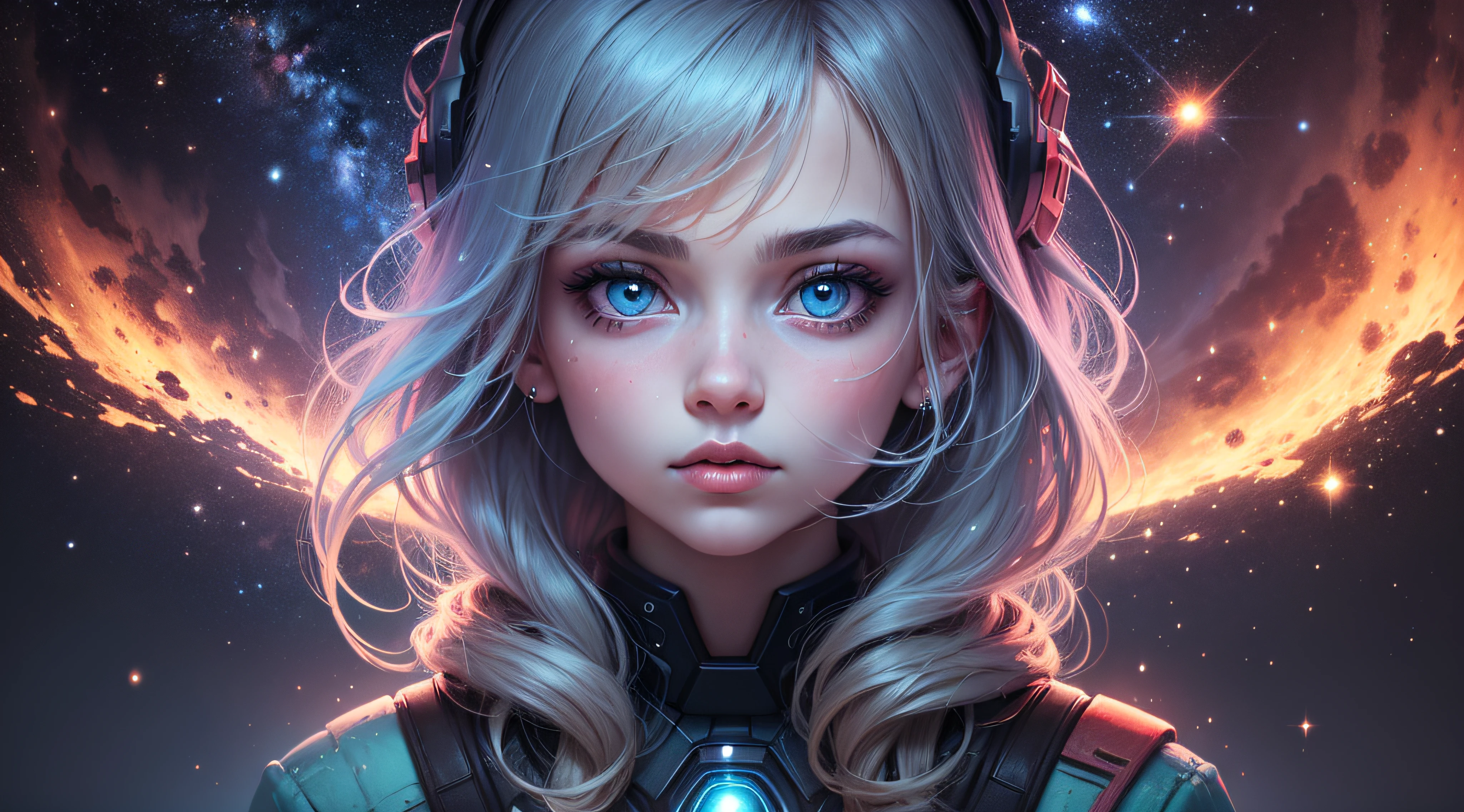 girl,radioactive glow,abstract art,character focus,eyes with reflection,starry sky,galaxies