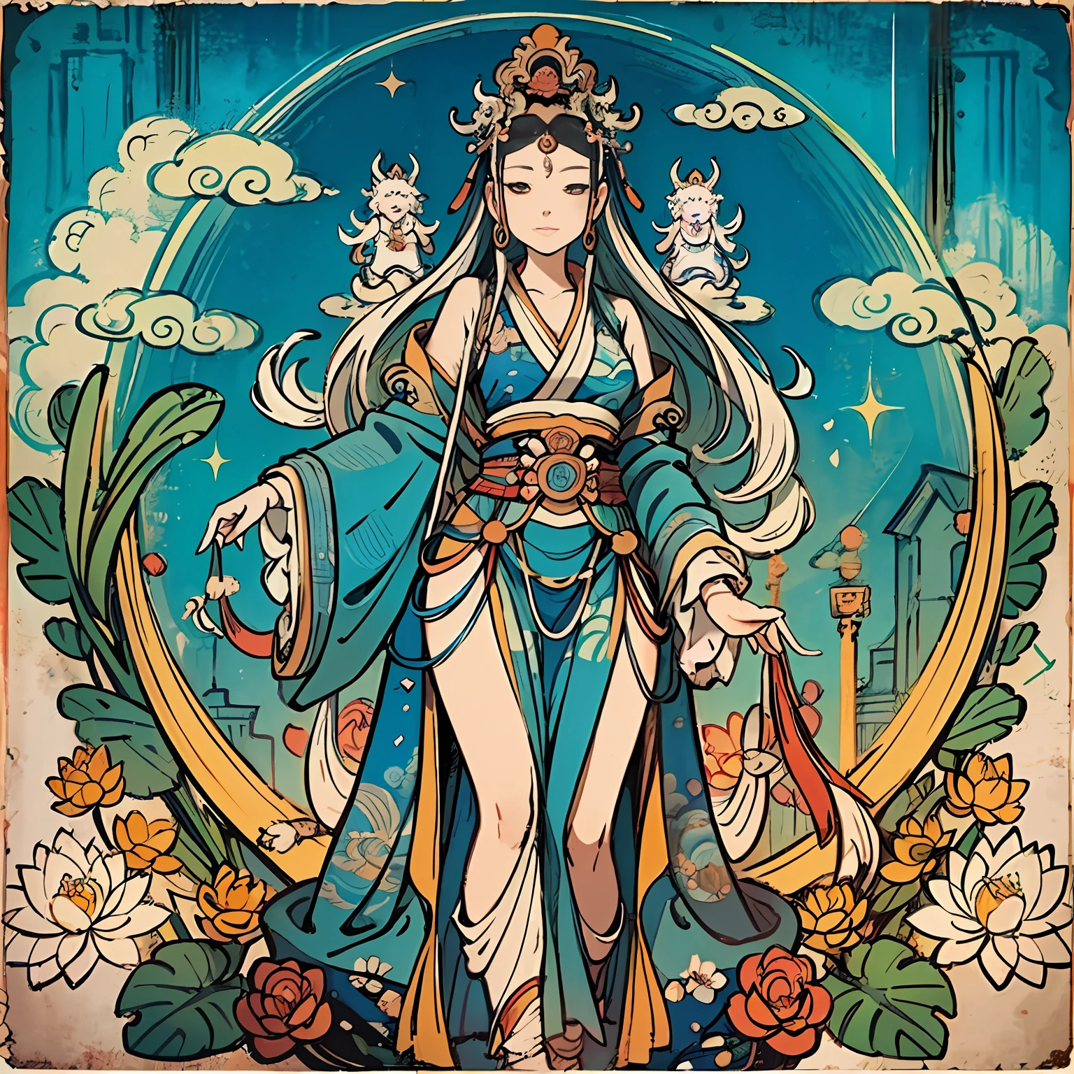 "contented female bodhisattva，guanyin of the southern seas，Serene expression，standing on a lotus，goddess of love and peace，attractive male deity，the non-binary deity of spring，goddess of nature"