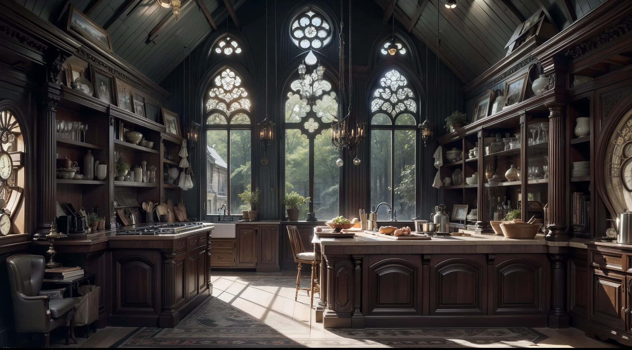 Western-style kitchen deep in a dark and mysterious forest、shelves、spices, etc.、Old luxury interior、Magical、, interior architecture, Gothic art, Verism, One-person viewpoint, From the outside, canon, Super Detail, High quality, hight resolution, 8K, Best Quality