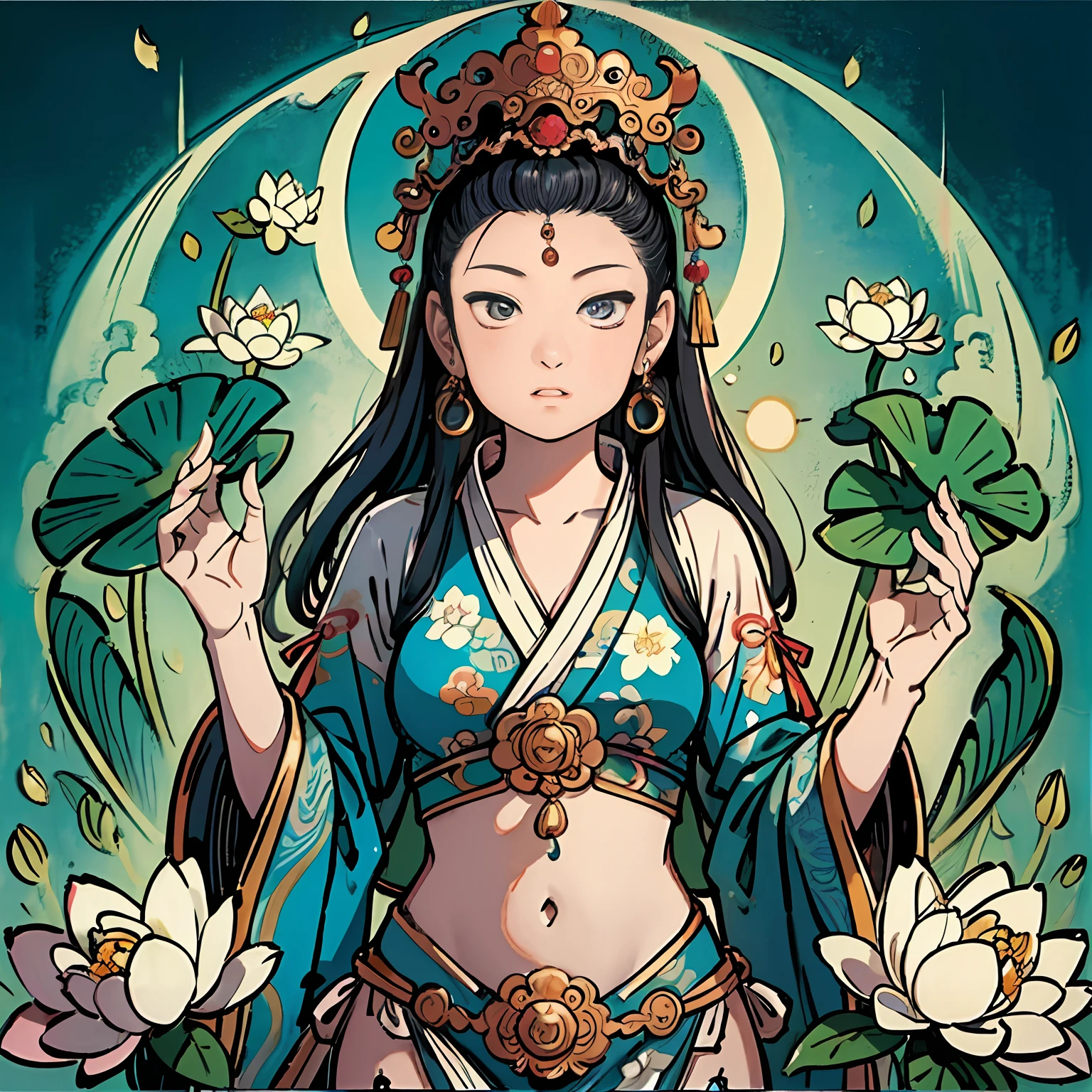 "contented female bodhisattva,guanyin of the southern seas,Serene expression,standing on a lotus,goddess of love and peace,attractive male deity,the non-binary deity of spring,goddess of nature"