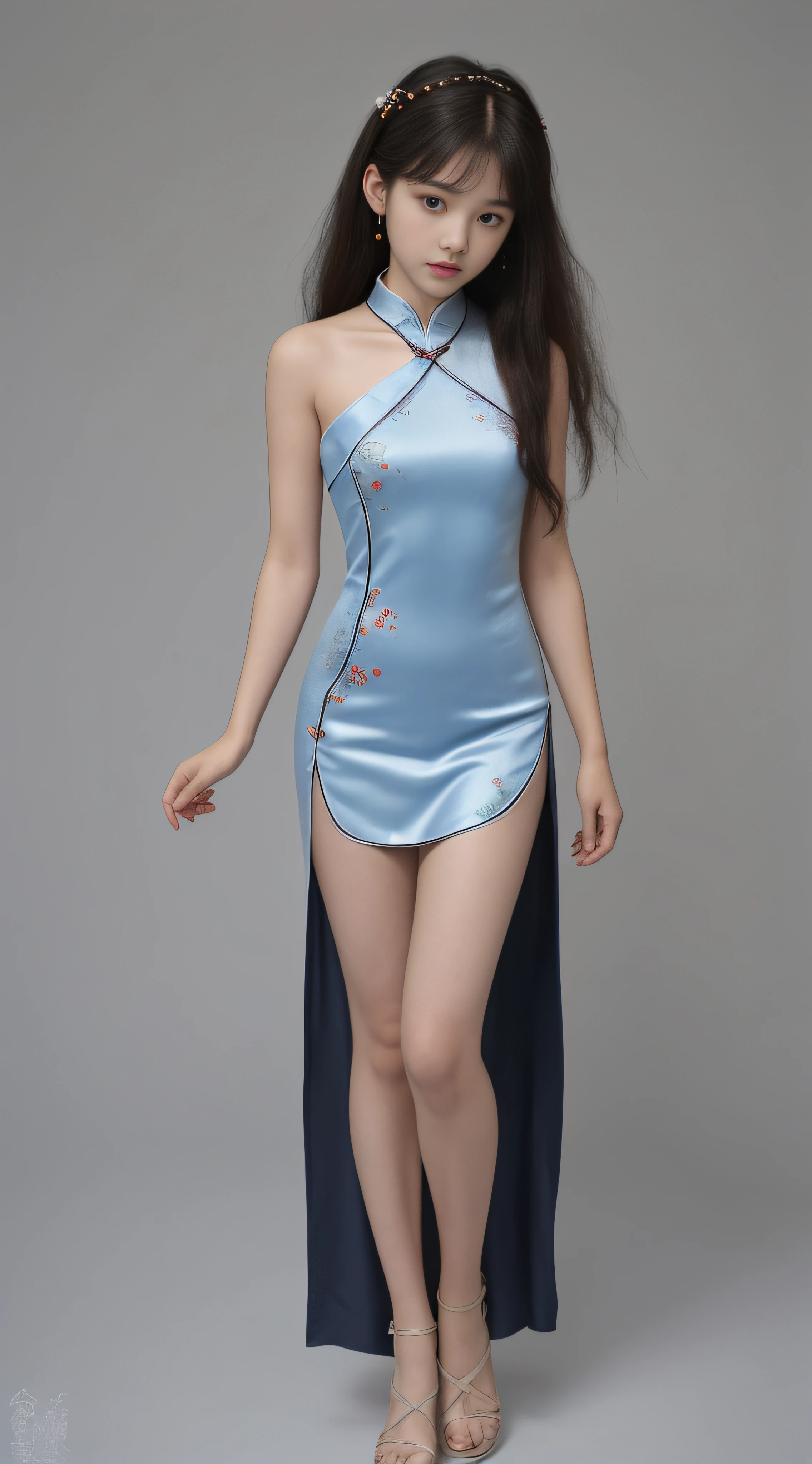 best qualtiy, hyper-high detail,Overlooking,Full body like,12year old girl,Refined face,Coiled hair,Hairpins,Hairpins,pretty face,Skin reflection,Red cheongsam,slimfigure,Shy,Smaller bust,cropped shoulders,Optimal body curves,High split end