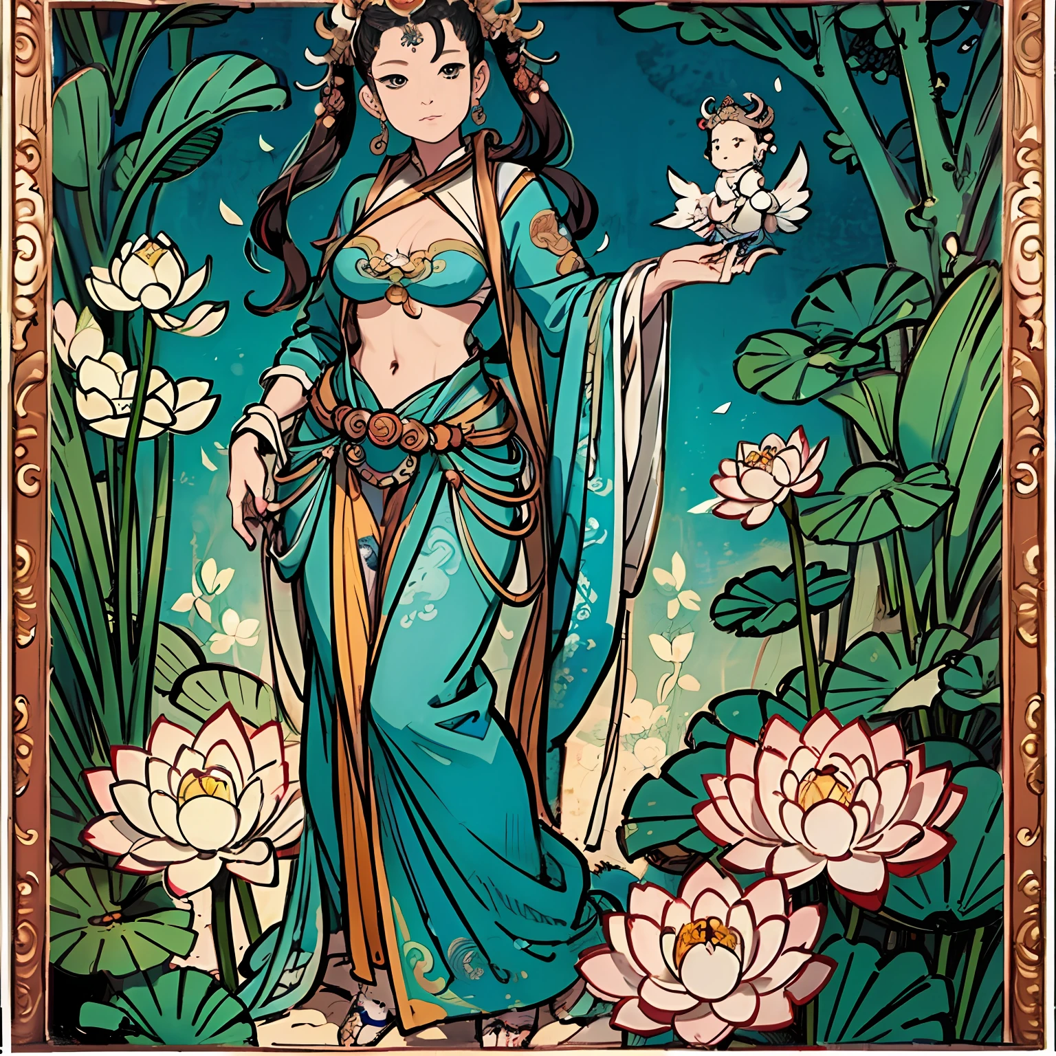"contented female bodhisattva,guanyin of the southern seas,Serene expression,standing on a lotus,goddess of love and peace,attractive male deity,the non-binary deity of spring,goddess of nature"