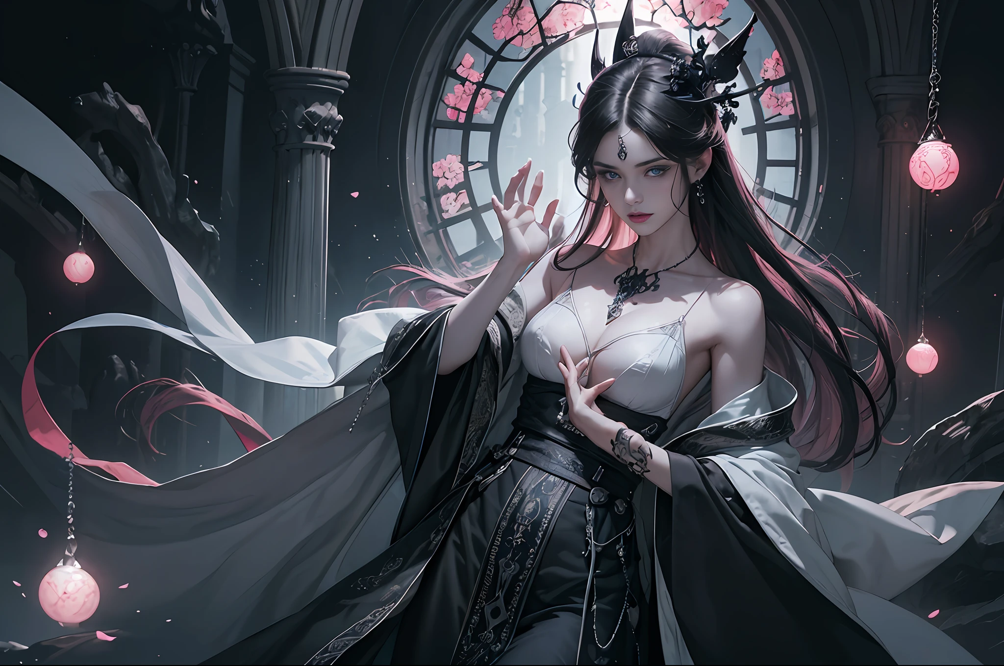 official art, unity 8k wallpaper, ultra detailed, beautiful and aesthetic, beautiful, masterpiece, best quality, Dark, atmospheric, mystery, romanticism, macabre, literature, art, fashion, Victorian, ornamental, intricate, ironwork, lace, brooding, emotional depth, supernatural, (ultra Detailed scene) , (masterpiece) , pretty girl , white thin robe , thick leg , shaped body , shaped face , Both_of_eyes_are_same , blue eyes , full body close up , putting hand like pray while standing , dark pink lips , shaped nose and ears , black straight hair , silver crown , wind blowing through the hair, thousand pink blossom twirling her like storm , ruined pray stone with rune and symble on it , has old rune as black tattoo on her neck to arm , mist under her feet , 100 mini light balls around her , (high detailed face), (ultra pretty face) , black eyebrow , long white robe , dark scene , dark fantasy art style , magic