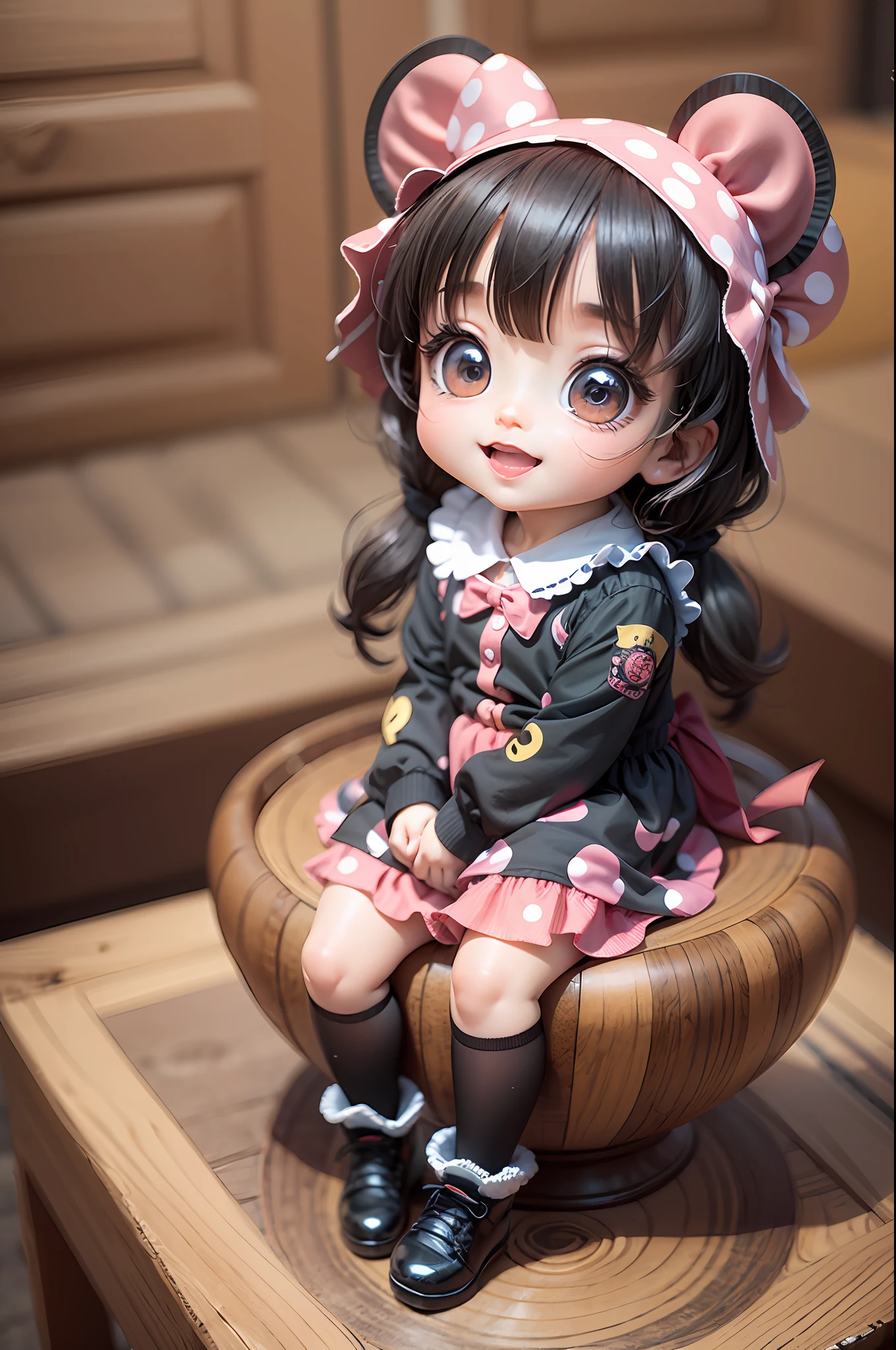 a baby chibi character with big shiny eyes is dressed in minnie clothes happy expression chibi style 3d --auto --s2