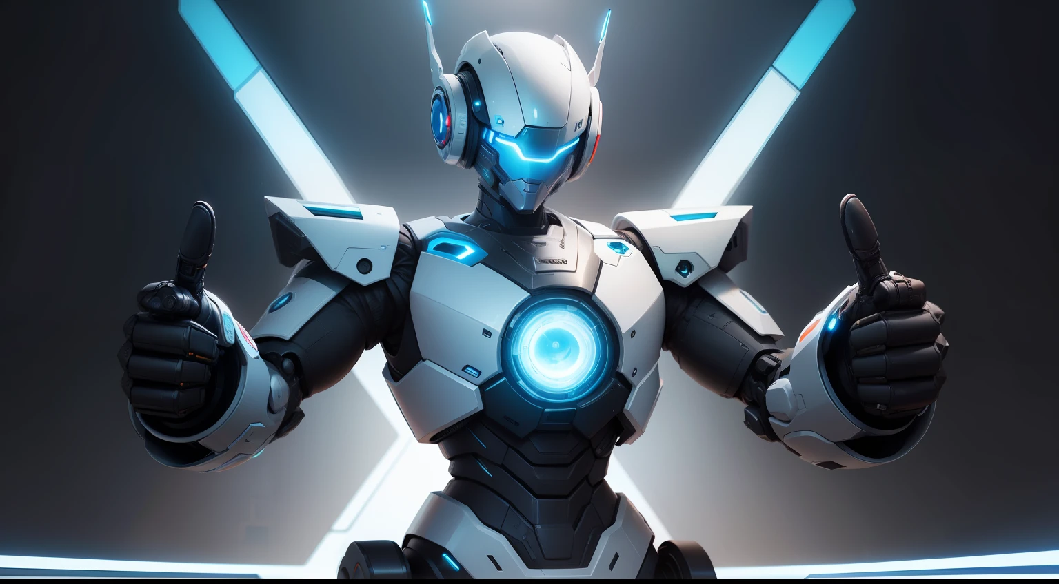 A futuristic robot with a thumbs up, bem detalhado, vista frontal, circulo no meio do peitoral