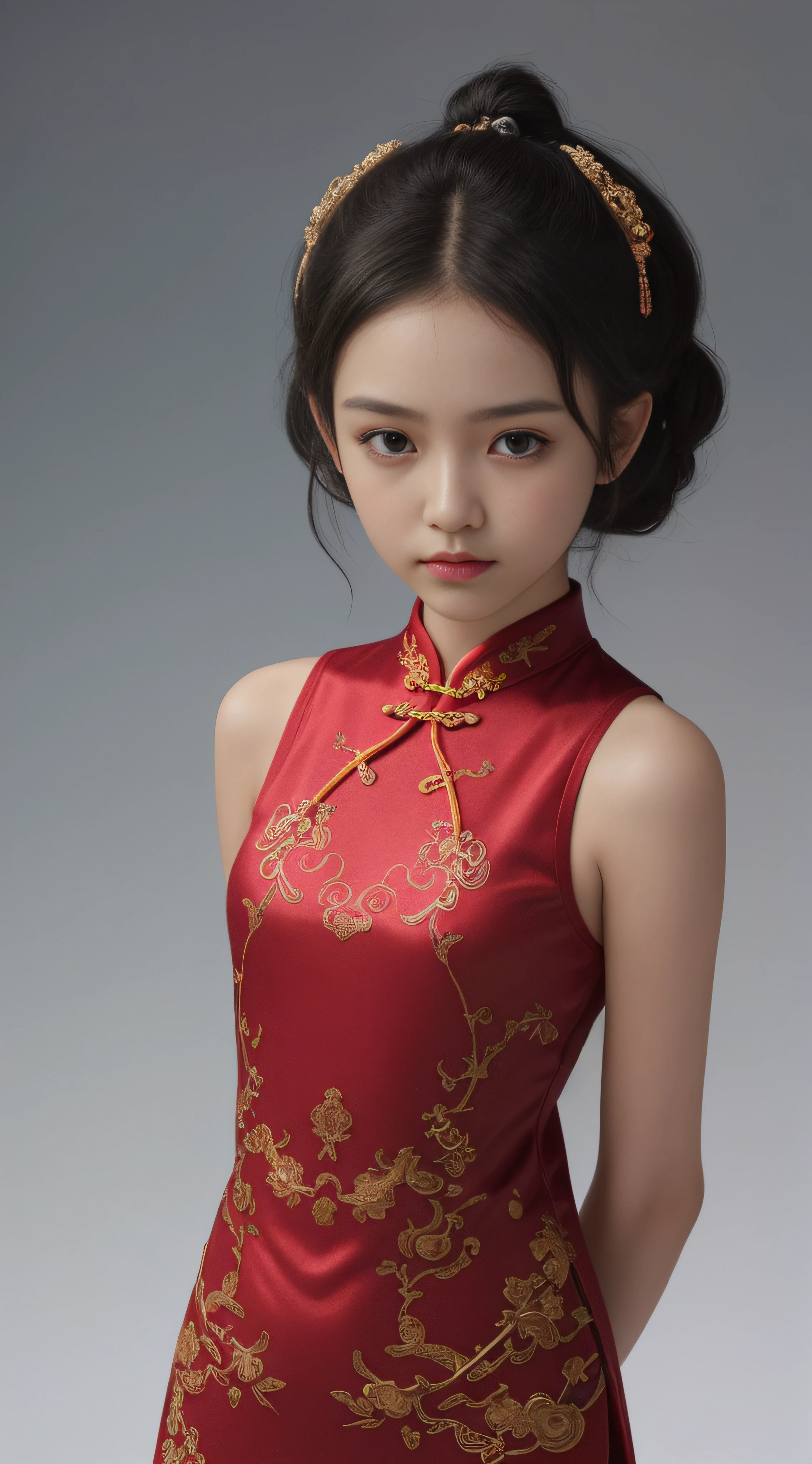 best qualtiy, hyper-high detail，Overlooking，Full body like，12year old girl，Refined face，Coiled hair，Hairpins，Hairpins，pretty  face，Skin reflection，Red cheongsam，slimfigure，Shy，Smaller bust，cropped shoulders，Optimal body curves，High split end