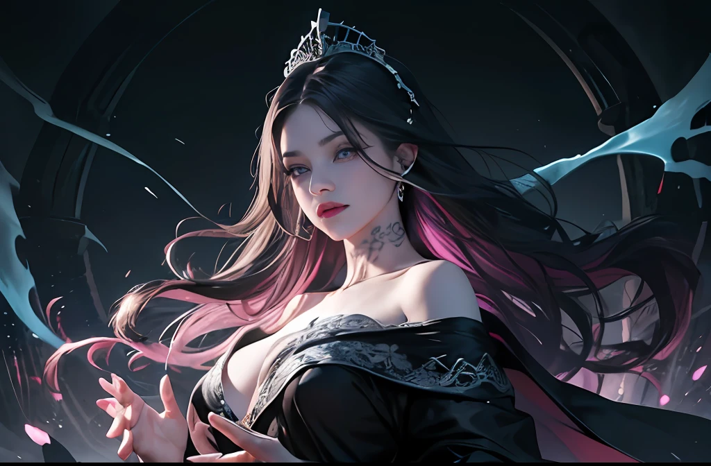 official art, unity 8k wallpaper, ultra detailed, beautiful and aesthetic, beautiful, masterpiece, best quality, Dark, atmospheric, mystery, romanticism, macabre, literature, art, fashion, Victorian, ornamental, intricate, ironwork, lace, brooding, emotional depth, supernatural, (ultra Detailed scene) , (masterpiece) , pretty girl , white thin robe , thick leg , shaped body , shaped face , Both_of_eyes_are_same , blue eyes , full body close up , putting hand like pray while standing , dark pink lips , shaped nose and ears , black straight hair , silver crown , wind blowing through the hair, thousand pink blossom twirling her like storm , ruined pray stone with rune and symble on it , has old rune as black tattoo on her neck to arm , mist under her feet , 100 mini light balls around her , (high detailed face), (ultra pretty face) , black eyebrow , long white robe , dark scene , dark fantasy art style , magic