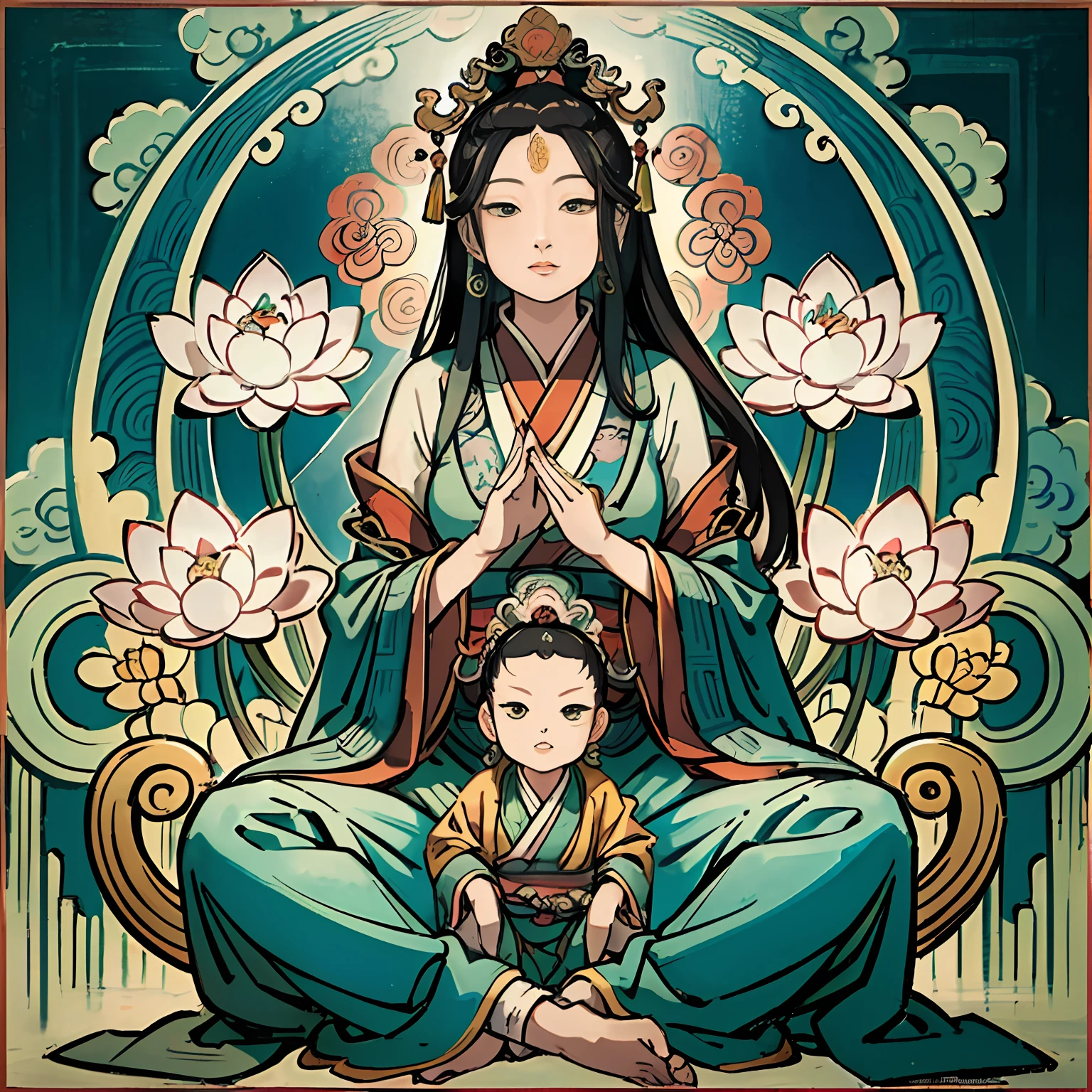 Woman sitting on a lotus,guanyin of the southern seas,Guanyin,contented female bodhisattva,jade sculpture,bodhisattva,queen of the sea mu yanling,serene,Serene expression,shui mo hua,Buddha,Buddhist,Lotus,Chinese painting style,Thangka style