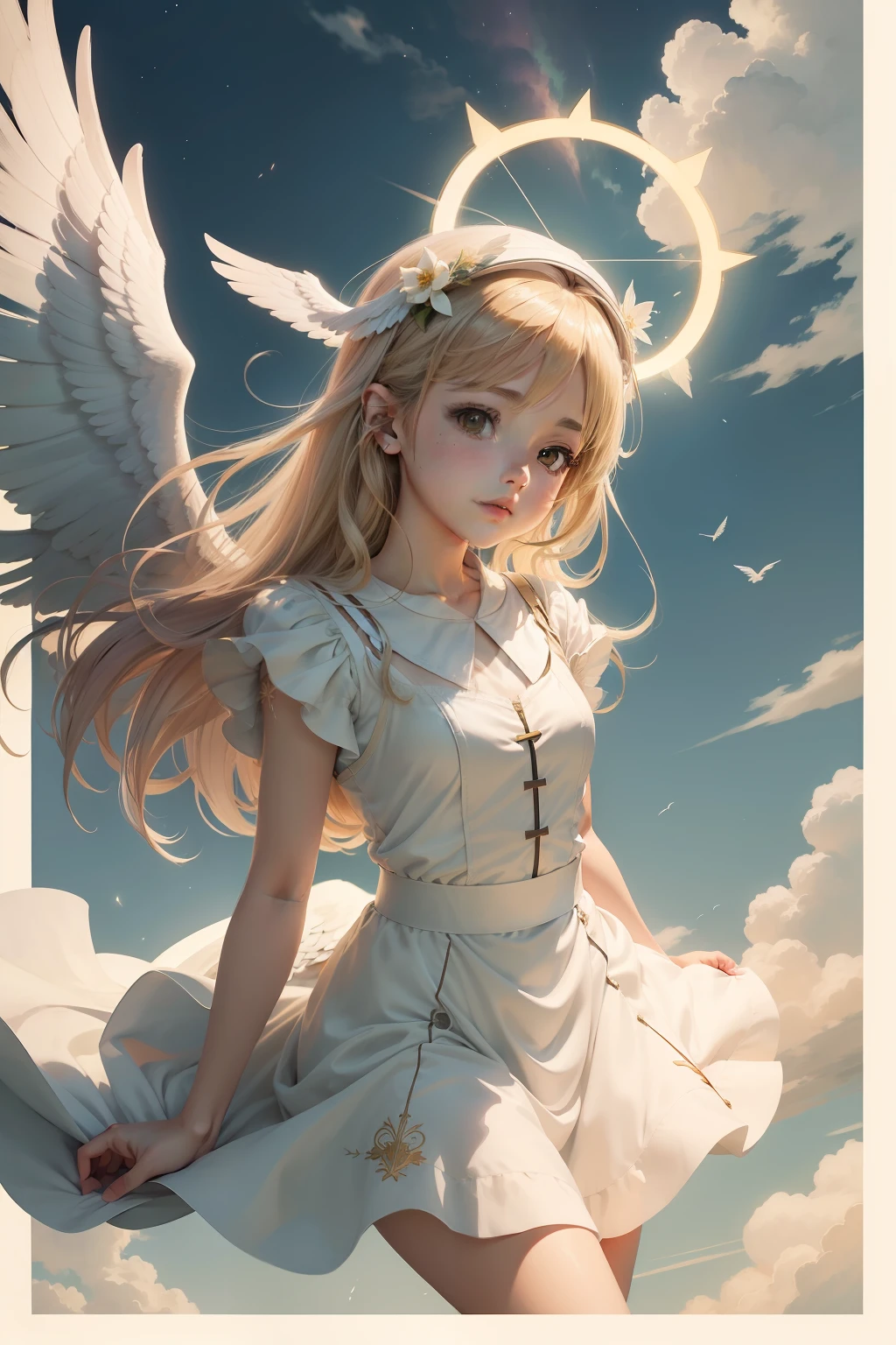 anime drawing of a young angel with a halo flying through the sky, haibane renmei, possibly an angel, an angel, young wan angel, angel girl, sakura kinomoto, emma watson as an angel, aya takano, angel, cardcaptor sakura, cherub, of an beautiful angel girl, angelical, winged girl angel, loli