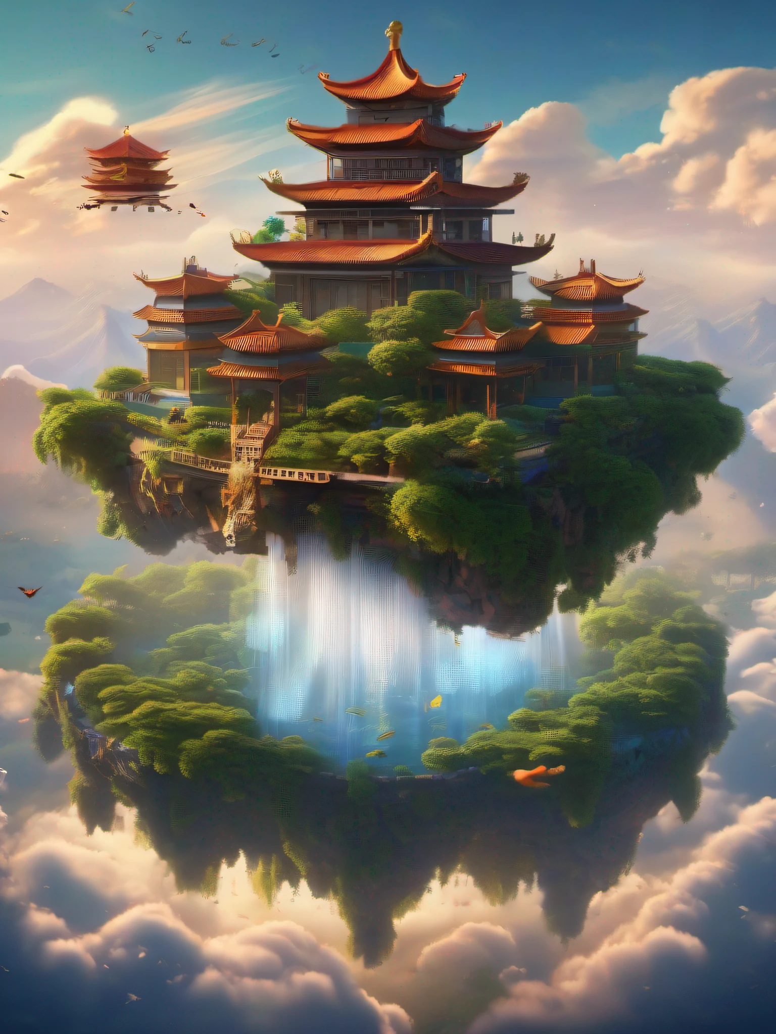 Dark theme:0.8，A floating island in the sky, Surrounded by slender clouds and colorful birds. The island is covered with dense vegetation，Dotted with intricate Chinese architecture，Seamless integration with the natural environment.，Popular on artstation，extreme hight detail，tack sharp focus，Photorealistic painting art， Hyper-detailing， Ray traching， sub surface scattering， Diffuse scattering， shallowdepthoffield