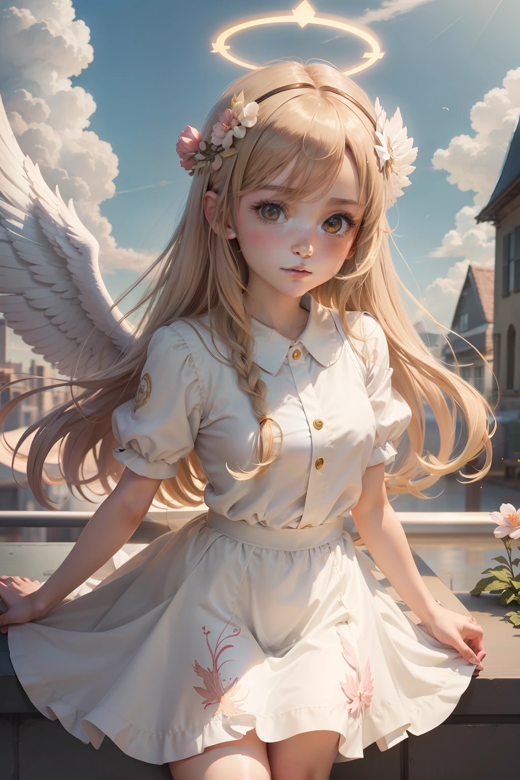 anime drawing of a young angel with a halo flying through the sky, haibane renmei, possibly an angel, an angel, young wan angel, angel girl, sakura kinomoto, emma watson as an angel, aya takano, angel, cardcaptor sakura, cherub, of an beautiful angel girl, angelical, winged girl angel, loli