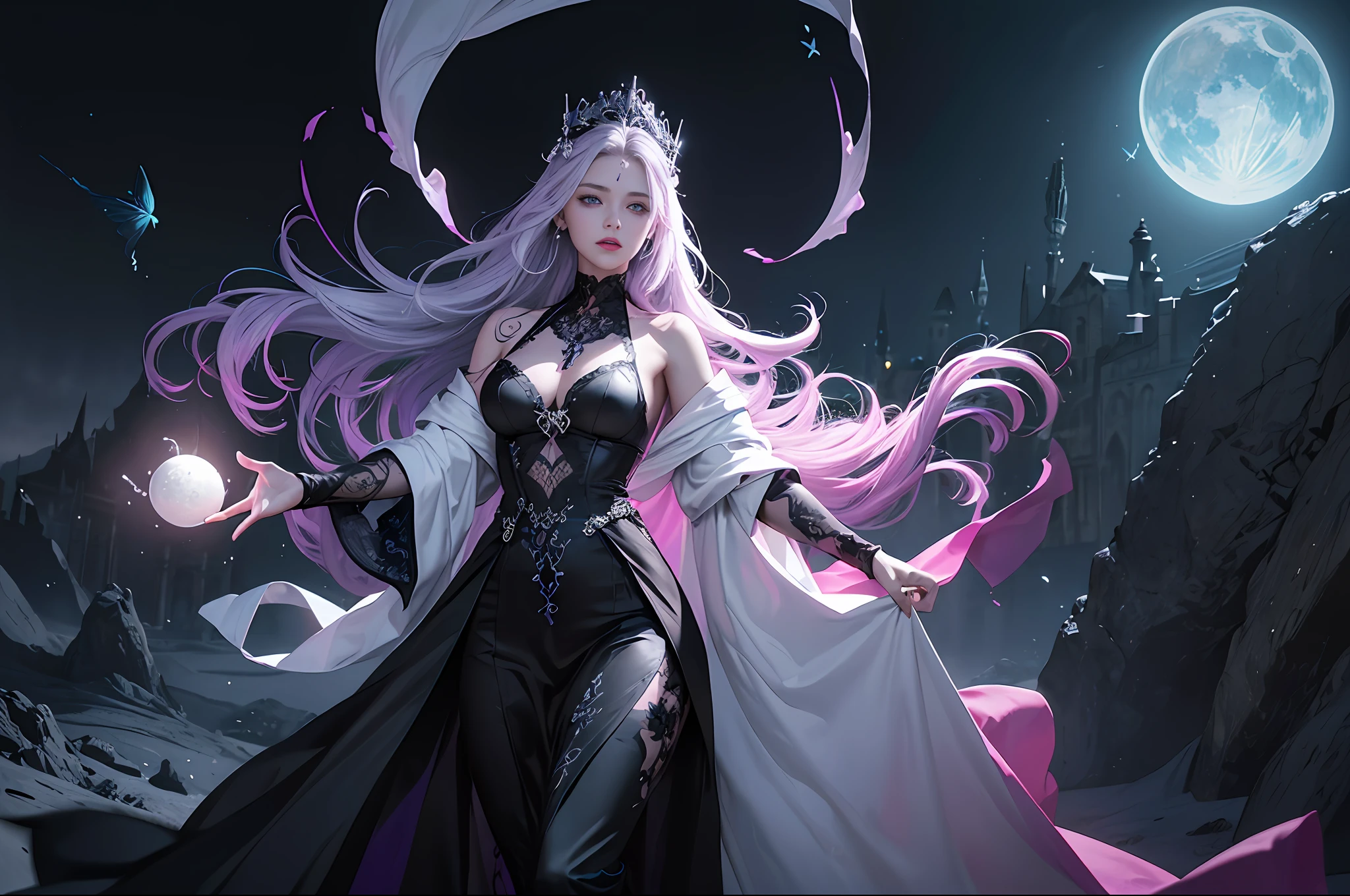 official art, unity 8k wallpaper, ultra detailed, beautiful and aesthetic, beautiful, masterpiece, best quality, Dark, atmospheric, mystery, romanticism, macabre, literature, art, fashion, Victorian, ornamental, intricate, ironwork, lace, brooding, emotional depth, supernatural, (ultra Detailed scene) , (masterpiece) , pretty girl , white thin robe , thick leg , shaped body , shaped face , Both_of_eyes_are_same , blue eyes , full body close up , putting hand like pray while standing , dark pink lips , shaped nose and ears , black straight hair , silver crown , wind blowing through the hair, thousand pink blossom twirling her like storm , ruined pray stone with rune and symble on it , has old rune as black tattoo on her neck to arm , mist under her feet , 100 mini light balls around her , (high detailed face), (ultra pretty face) , black eyebrow , long white robe , dark scene , dark fantasy art style , magic , thousand little purple glowing butterfly , 2 big purple butterfly