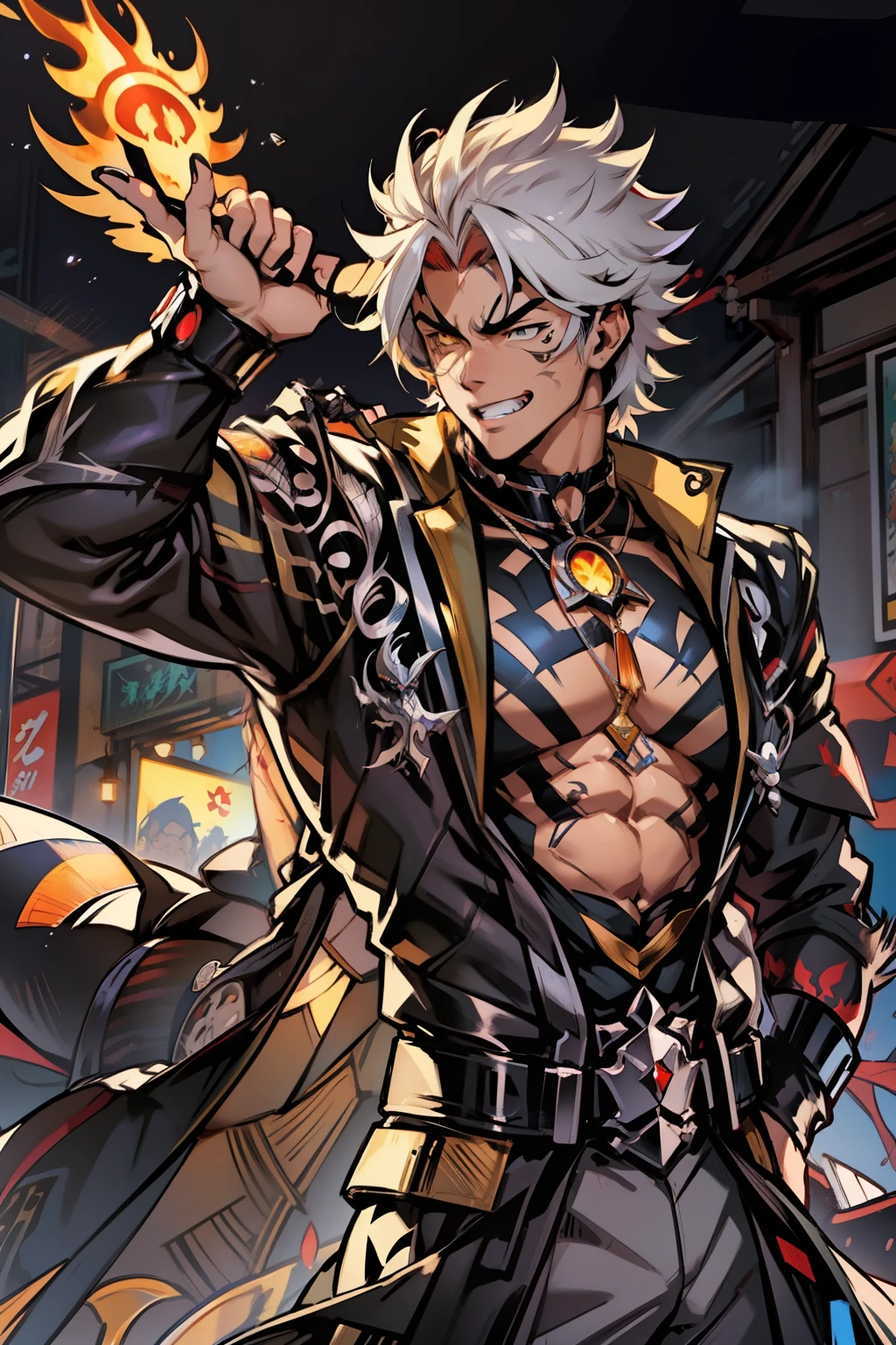 《the original god》Arataki Kazuto , male people,,((Masterpiece)), ((Best quality)), Ultra detailed,((illustration)), Dynamic Angle, Detailed light, (Delicate eyes), Floating, 1boy, Male focus, Head, Clothing, Yellow eyes, necklace, tattoo, (Forehead:0.8), (ahoge:0.8), jewelry, apathy,Ray, chest muscle, Sexy , Venom symbiote for your body, Black mucus of the body , (into venom), Venom,frontage,style of anime4 K, 4K anime wallpaper, Badass anime 8 K, 4 k comic wallpaper, young anime man, Anime boys, Anime wallpapers 4 k, Anime wallpaper 4K, High quality anime art style, Anime moe art style, Anime art wallpaper 8 K, Anime art wallpaper 4 K, RGB lighting