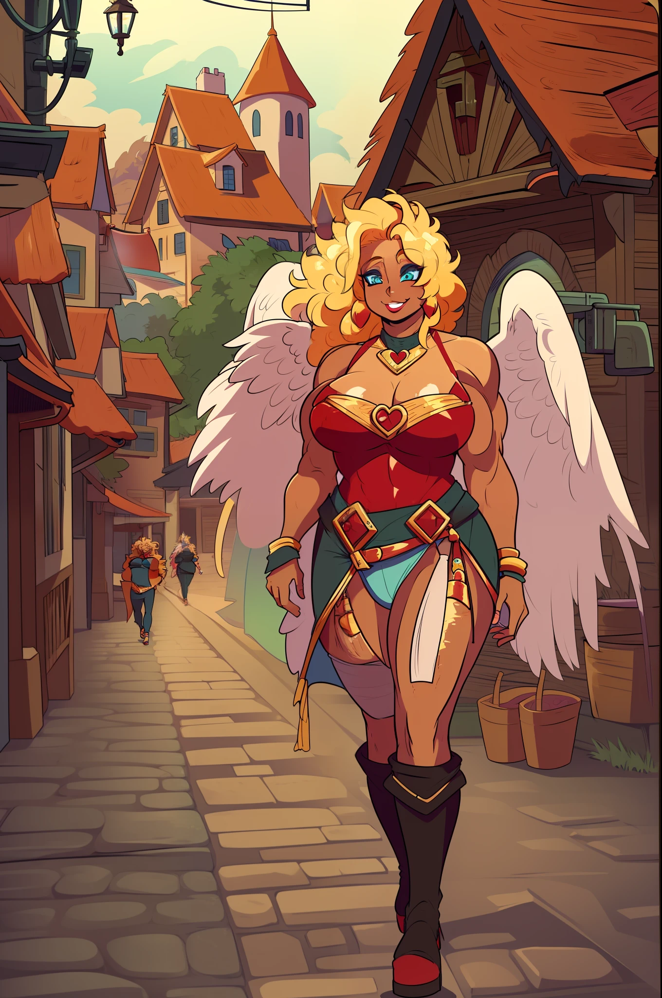 Nico Sunchaser,blond hair, sexy hair, muscle girl huge breast, revealing cloths, darkskinned-female, makeup, red lips, bimbo, angel, cupidon, long dress, walking, angel wings, pants, , flip flops, smile, medieval village