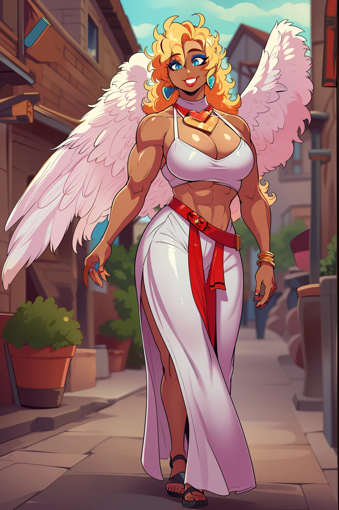 Nico Sunchaser,blond hair, sexy hair, muscle girl huge breast, revealing cloths, darkskinned-female, makeup, red lips, bimbo, angel, cupidon, long dress, walking, angel wings, pants, , flip flops, smile, medieval village