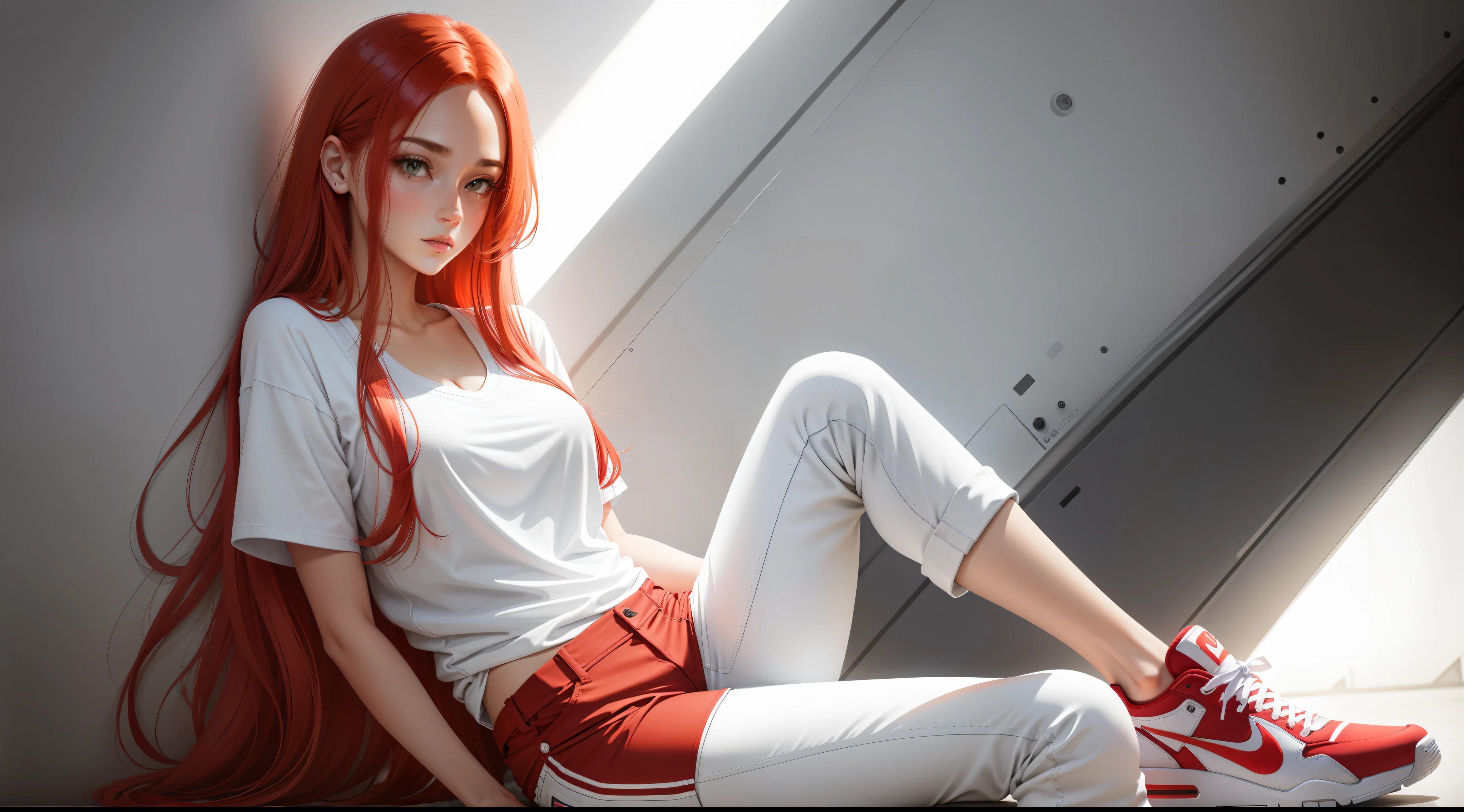 a woman in a white shirt and red pants is playing video game, simple style, wearing elegant casual clothes, muted red, simple clothes, milk and red style, casual clothing style, modern fashion outfit, wearing a fisher , casual modern clothing, inspo, red clothes, red pants, neutral tones, rred and white color scheme, casual business outfit, scary face, nike shoes, 22 years old, adult face, long hair, ((red hair))